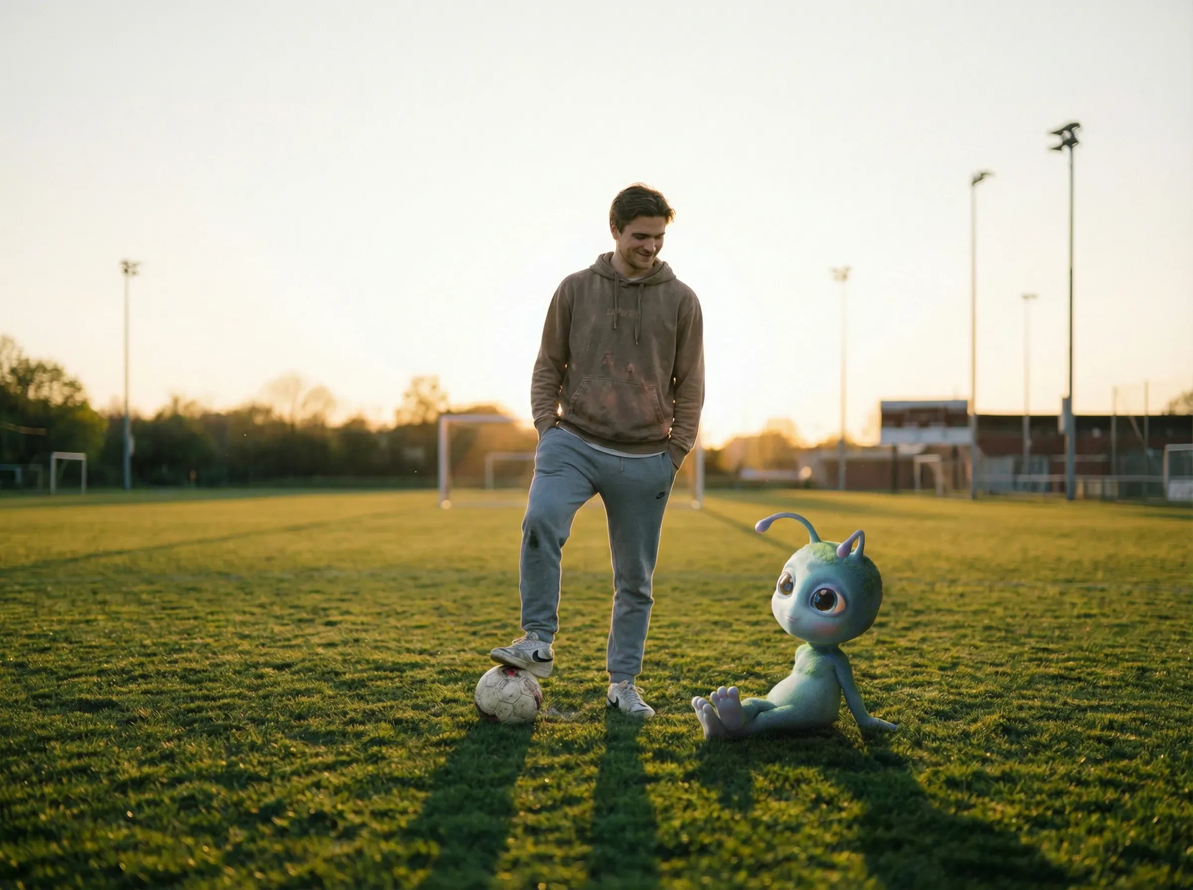 there is a man standing next to a stuffed animal on a field