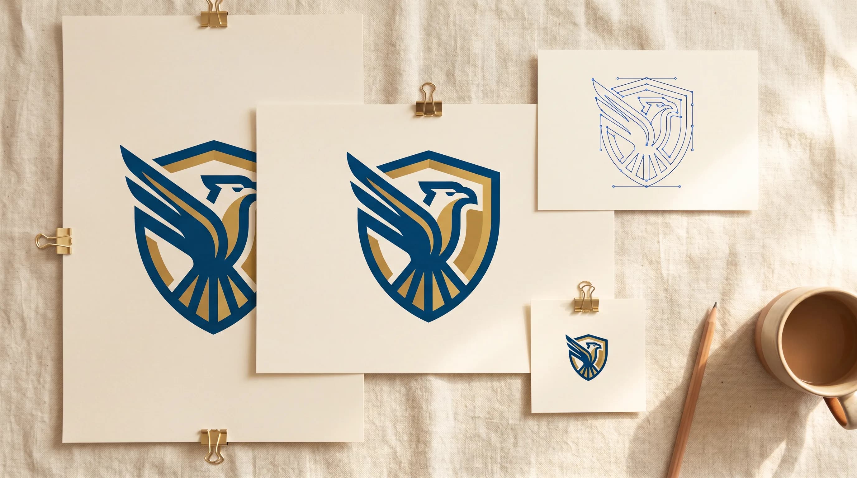 Design sketches of eagle shield logo with navy blue and gold colors on cream paper with brass clips