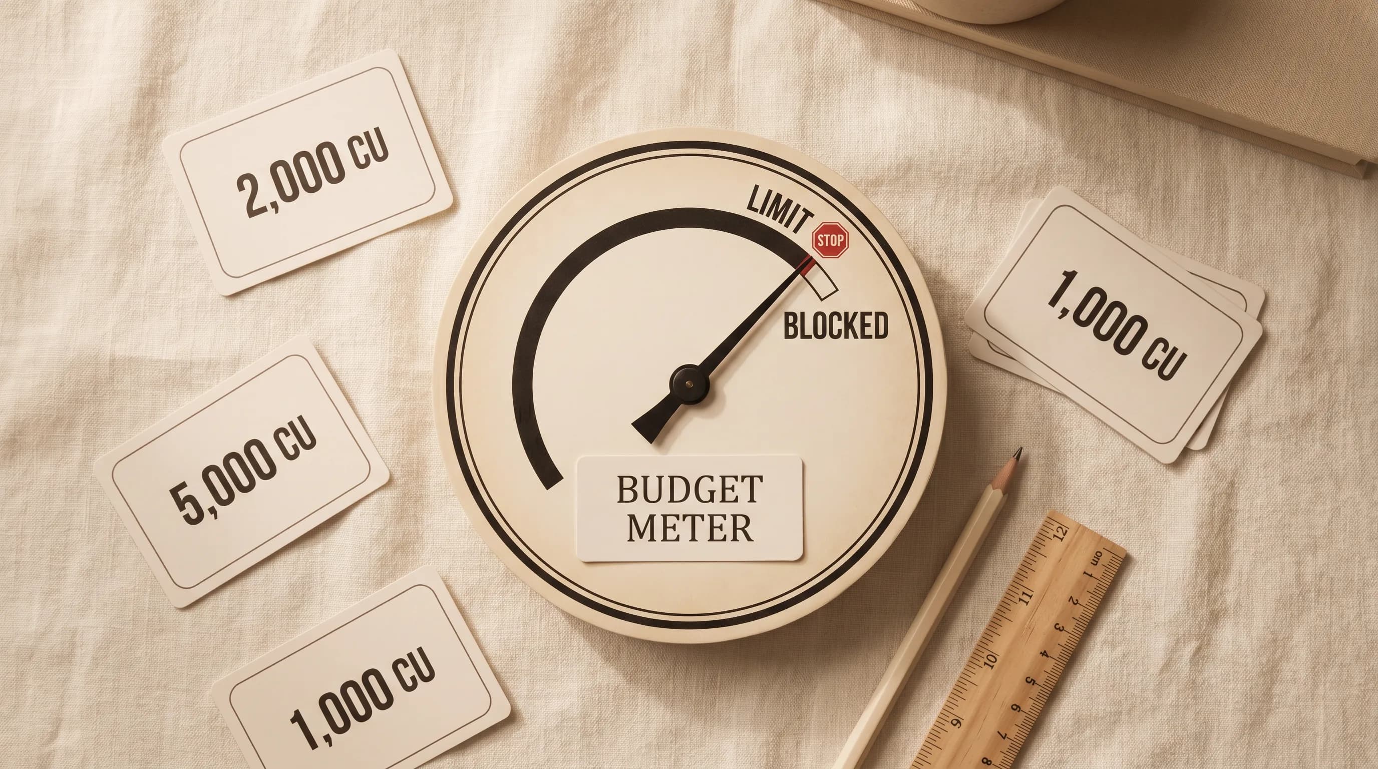 Budget meter gauge showing limit and blocked status with currency unit cards on beige fabric background