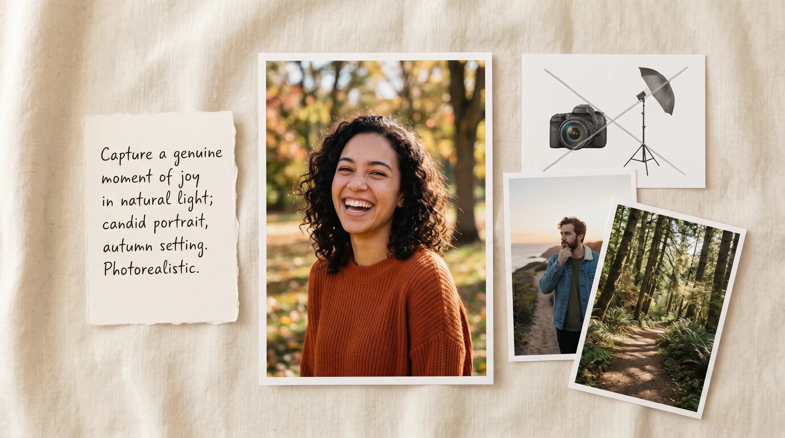 Woman smiling in orange sweater outdoors with autumn foliage backdrop, professional portrait photography setup with camera and lighting equipment displayed