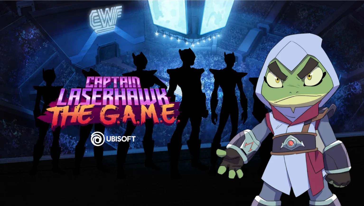 Captain Laserhawk: The Game Ubisoft promotional image featuring animated character with white hair and green skin in combat gear against EWF arena silhouettes