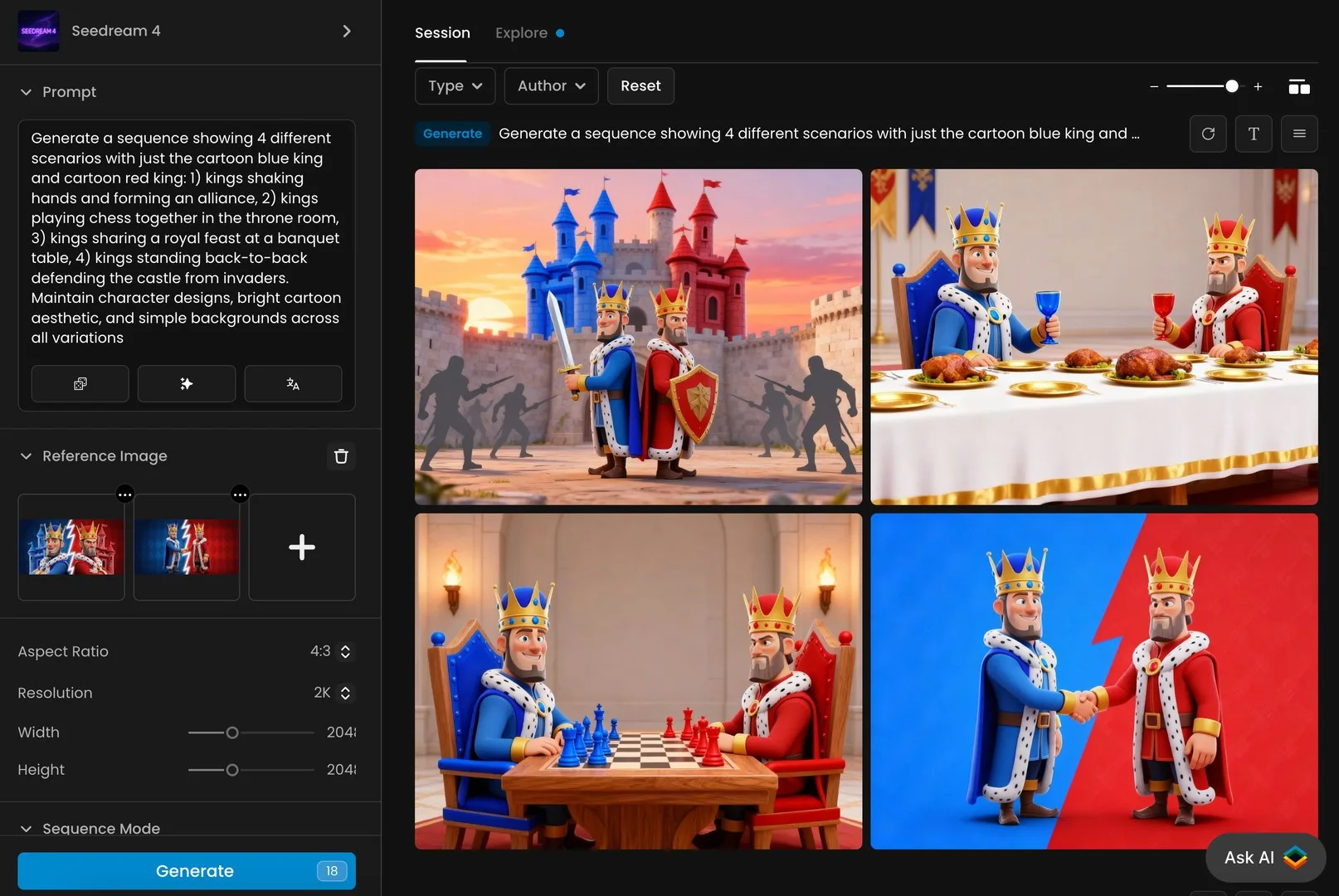 Four-panel cartoon image showing a blue king and red king in different scenarios, including shaking hands, playing chess, enjoying a banquet, and defending a castle, on a simple colorful background.