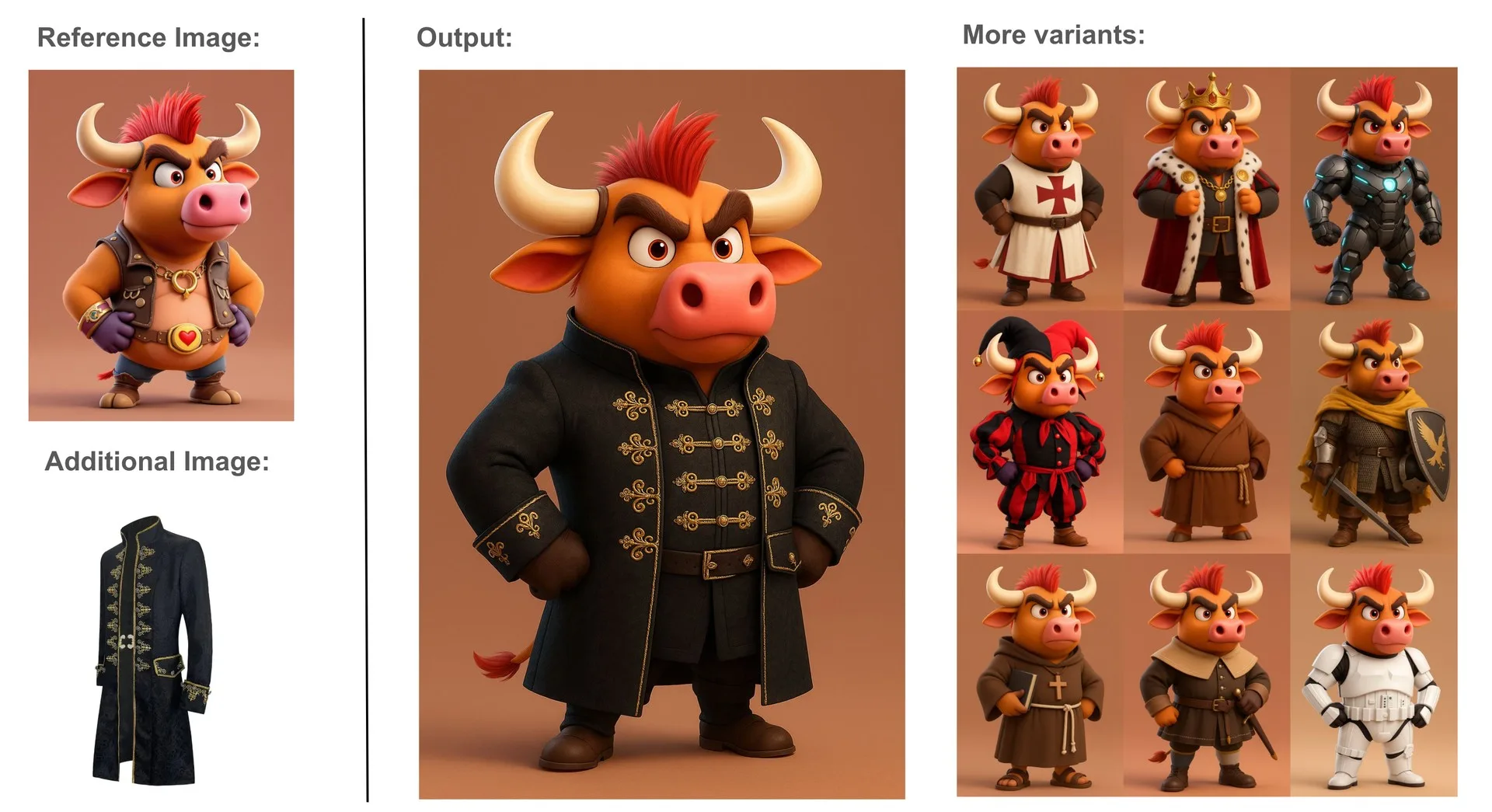 Cartoon bull character in black embroidered coat with various fantasy and historical costumes, including knight, king, jester, and robot armor.