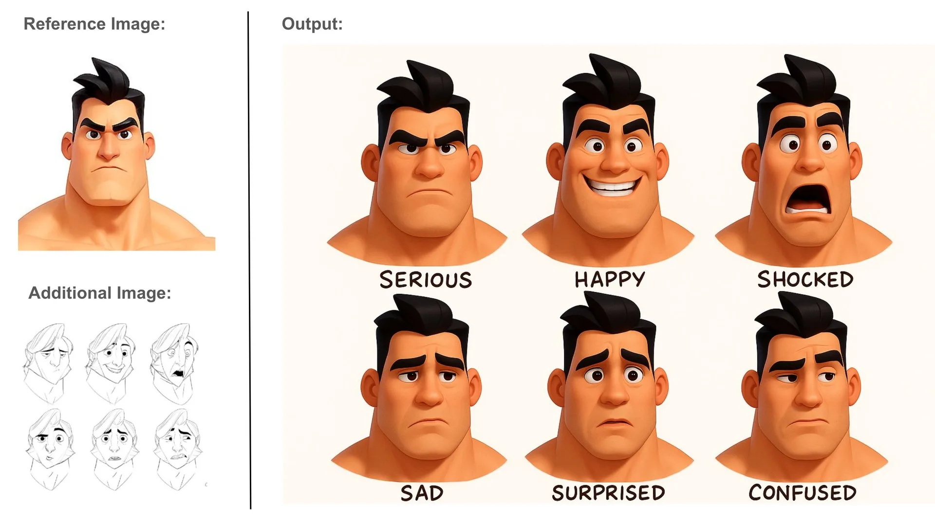 Six cartoon male character headshots showing different emotions: serious, happy, shocked, sad, surprised, and confused expressions. Includes reference and sketch images for character design inspiration.