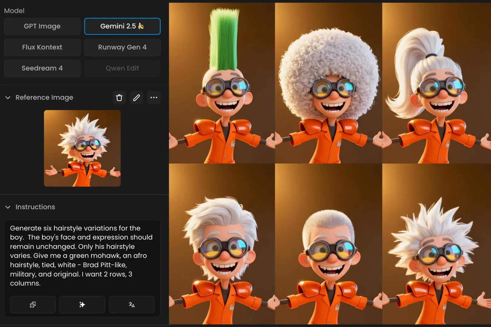 Six hairstyle variations for a 3D cartoon boy character in an orange outfit, including green mohawk, afro, ponytail, classic, military, and spiky styles.