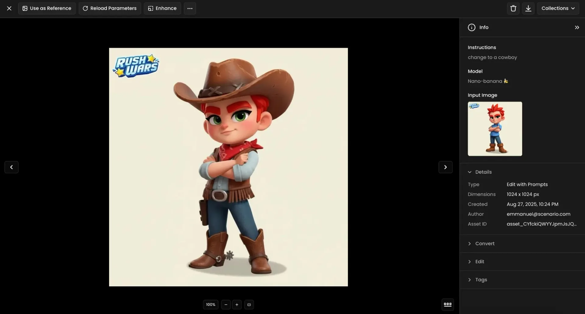 3D cartoon cowboy character with red hair, cowboy hat, boots, and red bandana, from the Rush Wars video game.