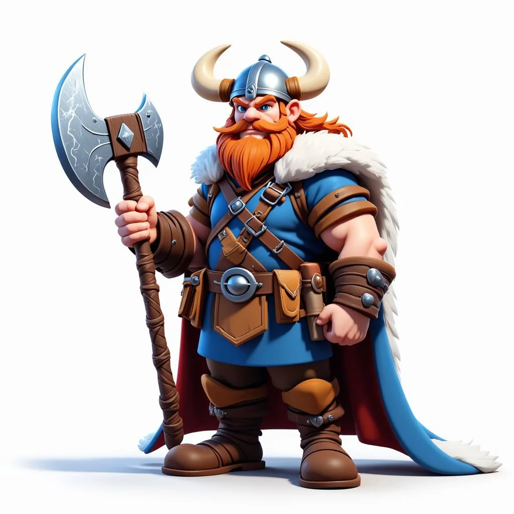 Cartoon Viking warrior with orange beard, horned helmet, blue tunic, brown armor, holding large axe, white fur cape, fantasy character illustration