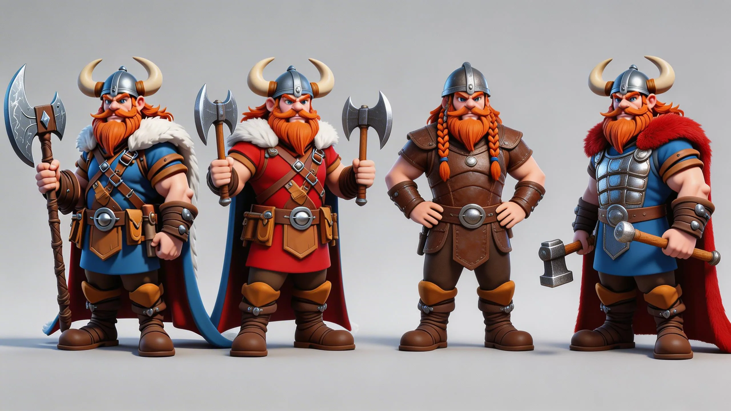 Four cartoon Viking warrior characters with orange beards, horned helmets, and medieval armor holding axes and weapons in 3D illustration style