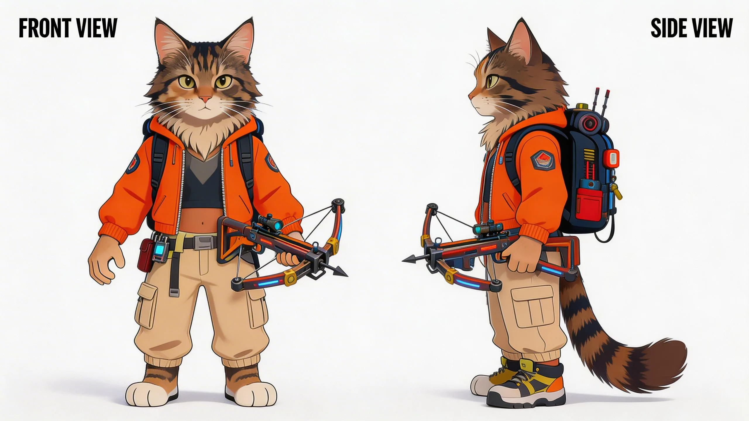 Anthropomorphic tabby cat archer wearing orange jacket, cargo pants, and tactical gear, holding crossbow, shown in front and side view character design