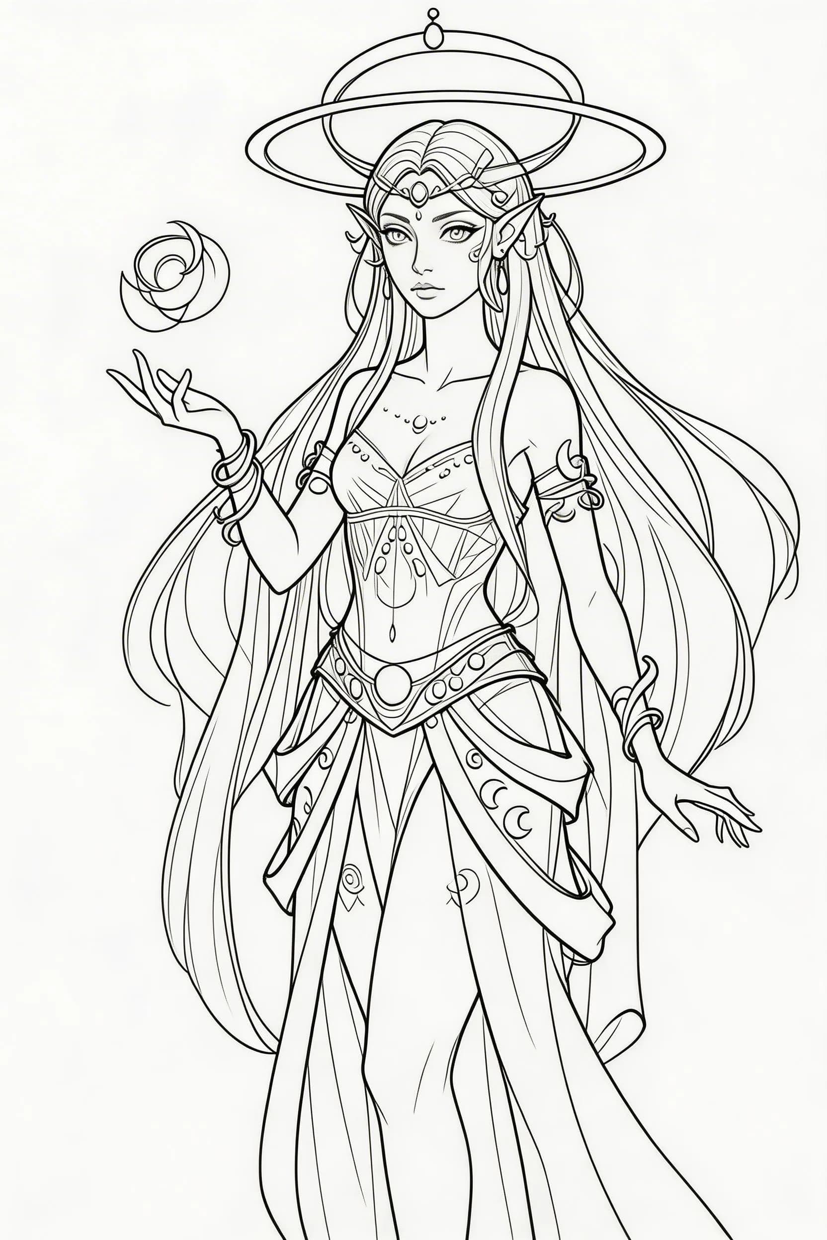 Fantasy elf goddess with long flowing hair, planetary halo crown, and ornate cosmic robes holding magical energy orb in elegant line art illustration
