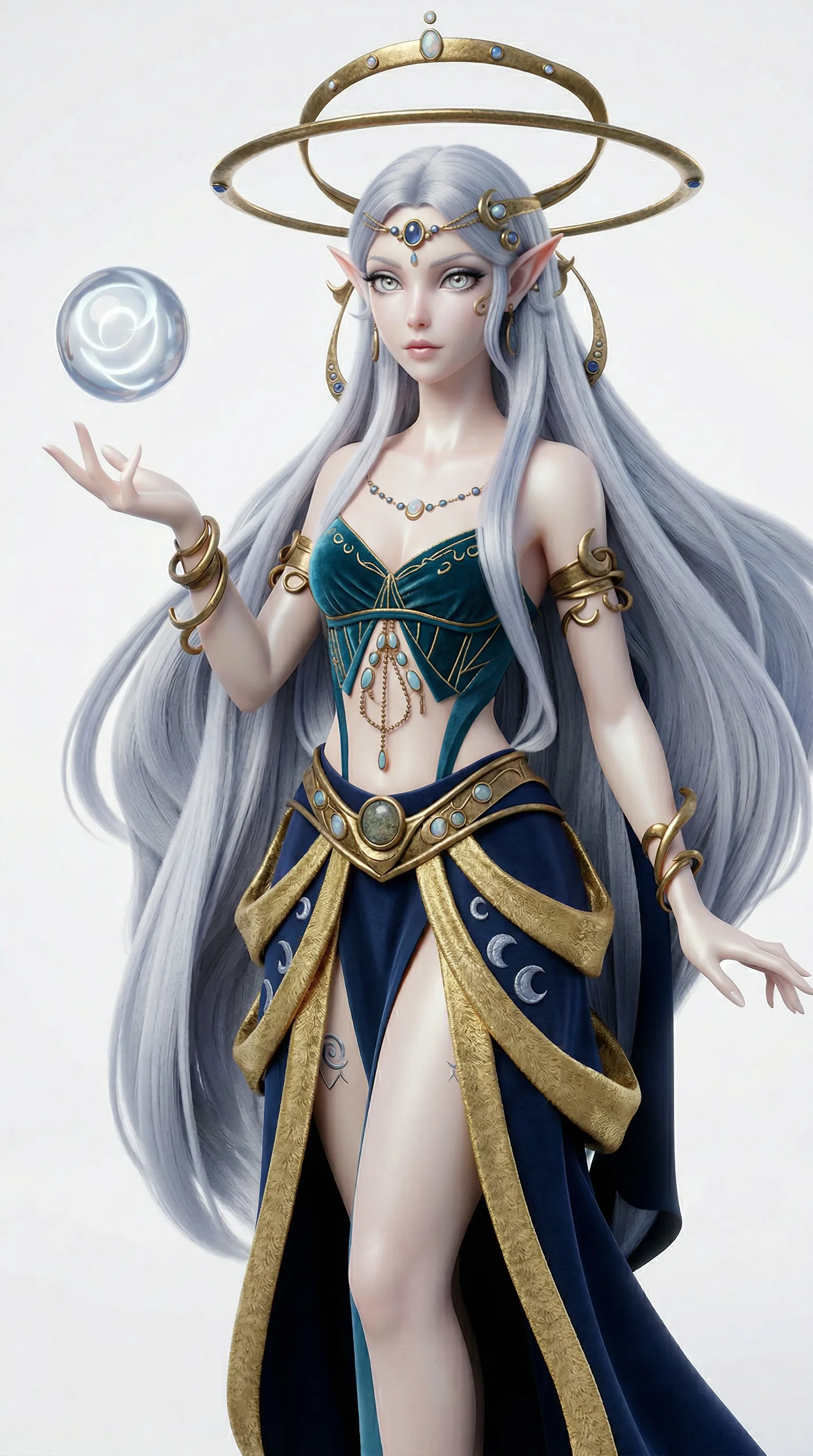 Ethereal elf priestess with silver hair, gold planetary halo crown, and mystical blue orb magic, fantasy character illustration