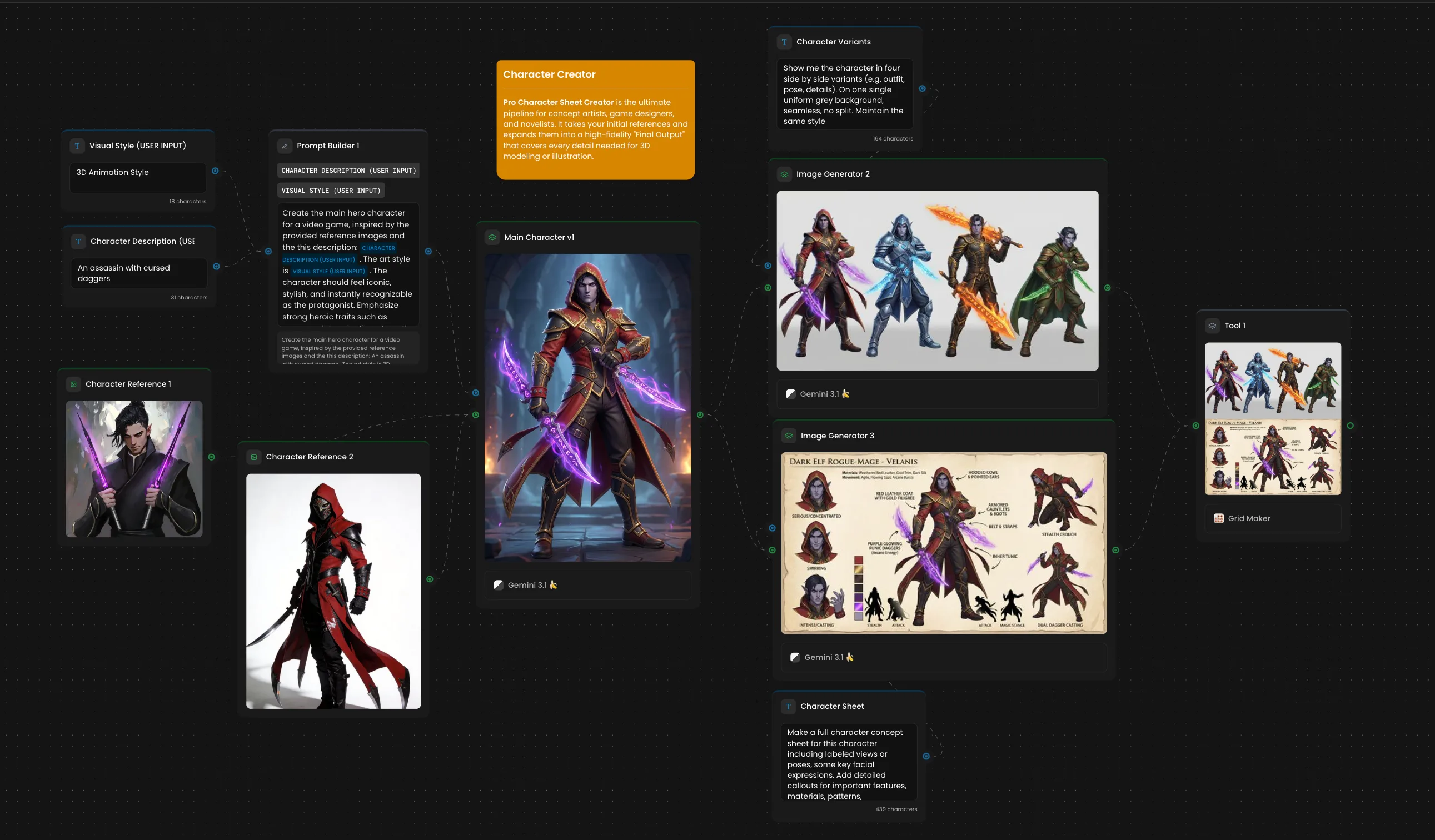 Character Creator UI showing fantasy character design with multiple generated character variations and customization options in dark theme interface