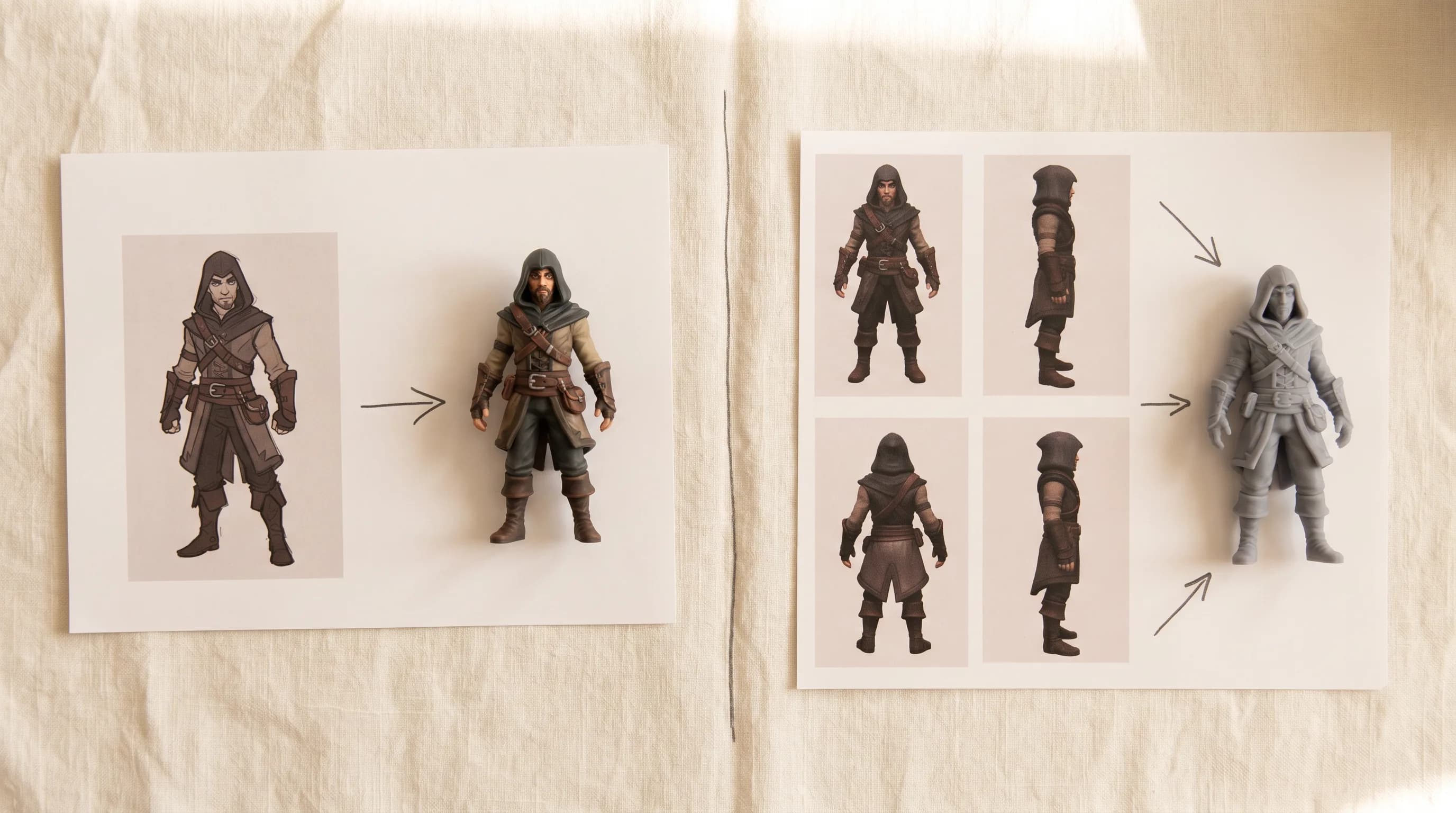 Character design sheet showing medieval warrior evolution from stylized character concept to realistic 3D model with multiple angle views and final rendered version