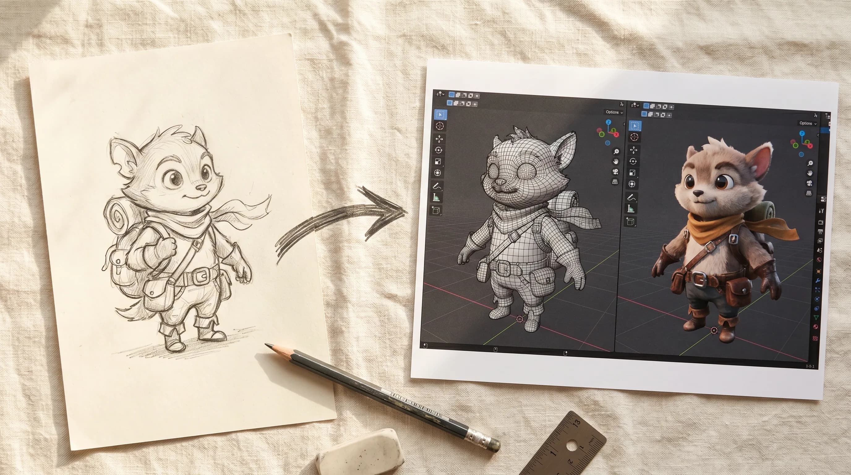 Hand-drawn character sketch of cute fox adventurer on paper next to 3D modeling process showing digital mesh and rendered character design on screen