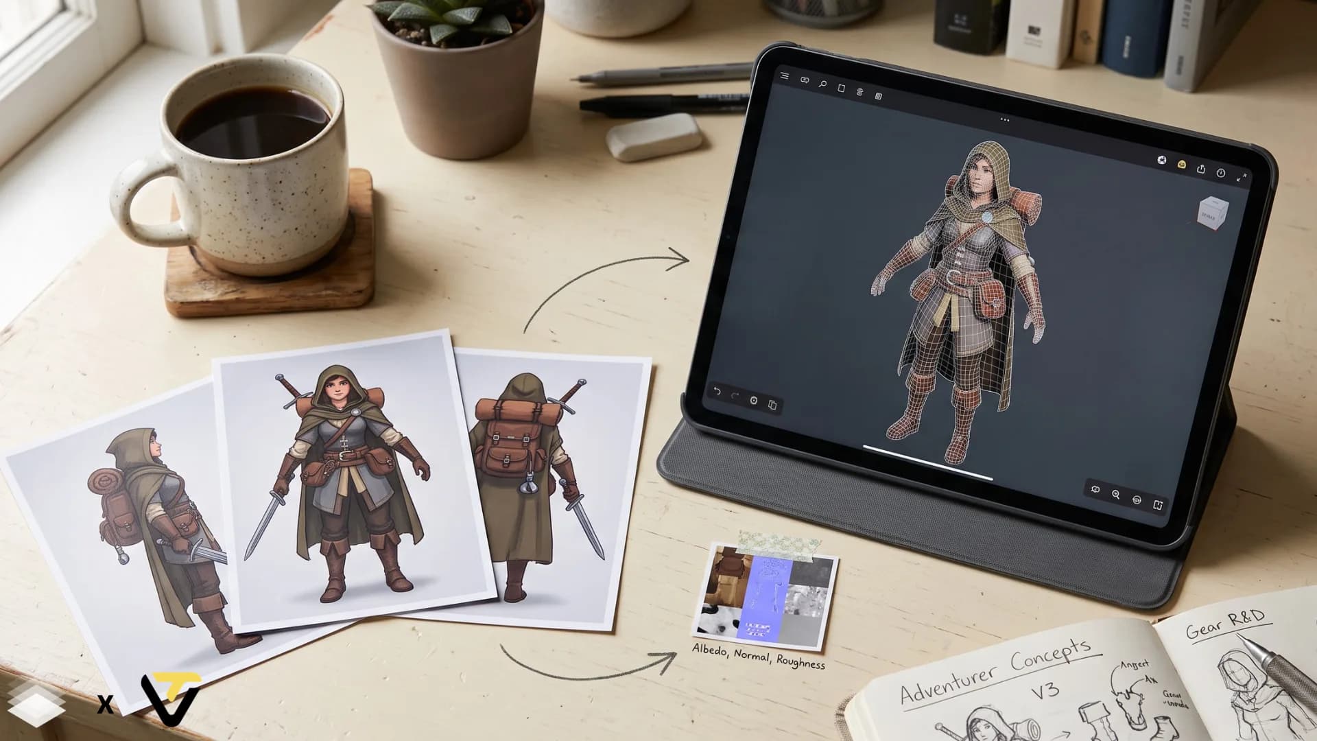 Artist workspace with character design sketches and digital illustration of medieval adventurer on tablet screen