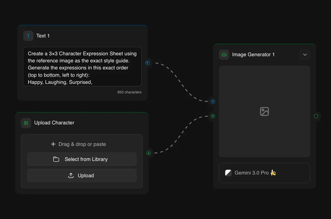 AI character expression sheet generator interface showing 3x3 emotion grid creation tool with upload and image generation features