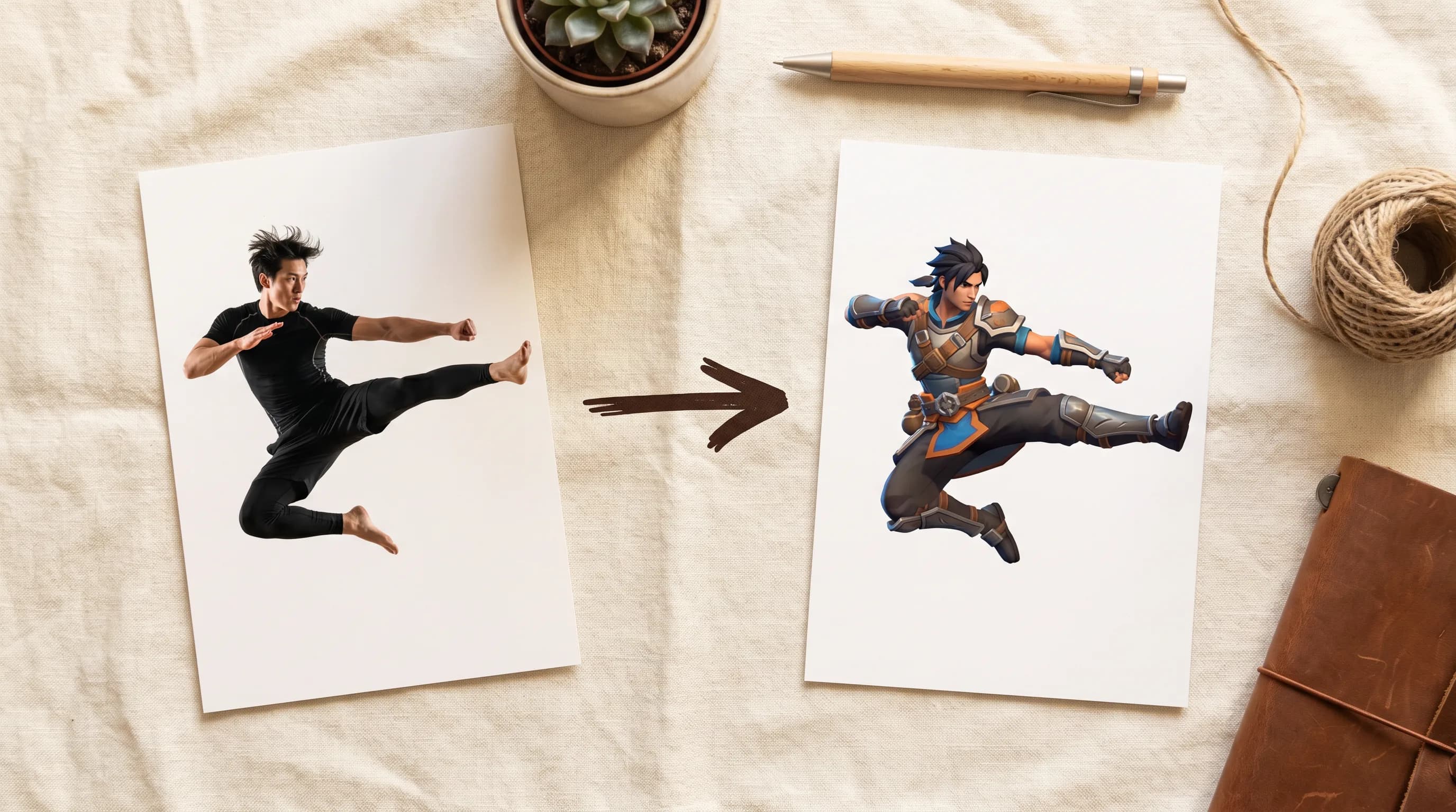 Man in black martial arts pose transforming into animated fantasy warrior character with armor and sword on white paper