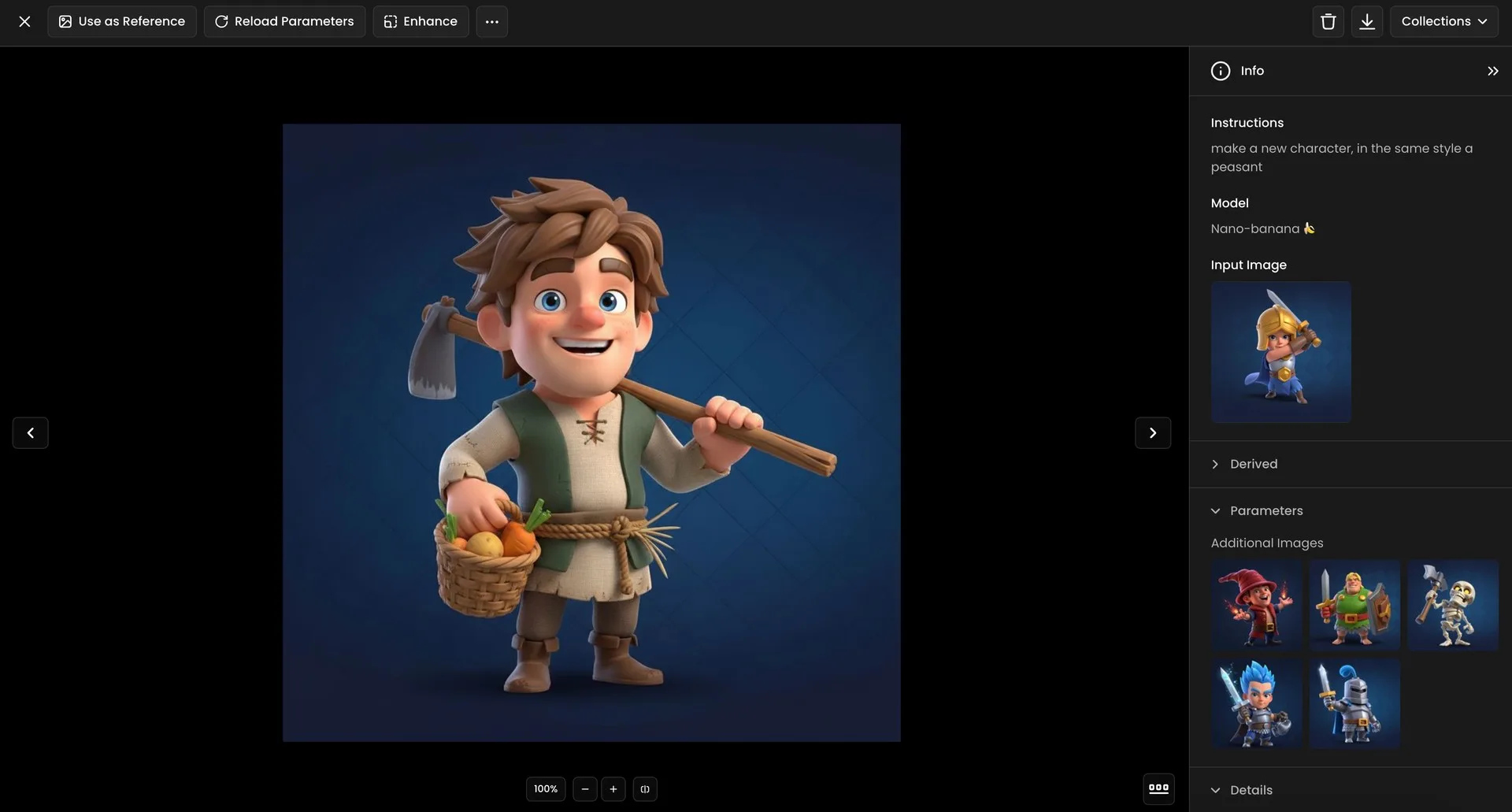 3D cartoon peasant character holding a basket of vegetables and a hoe, standing on a blue background, farming game style.