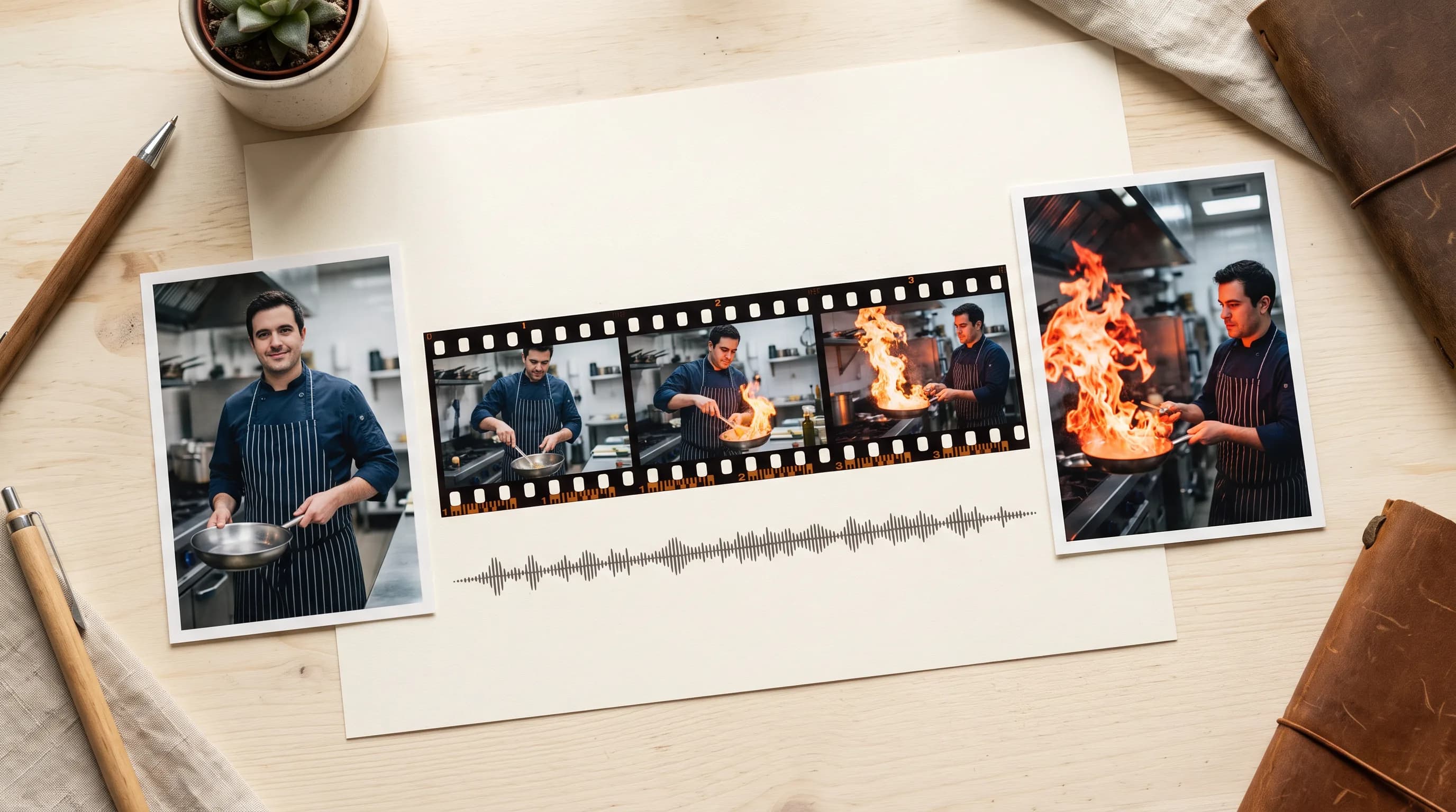 Chef in striped apron performing flambé cooking technique with flames, displayed as film strip photos with audio waveform on wooden desk