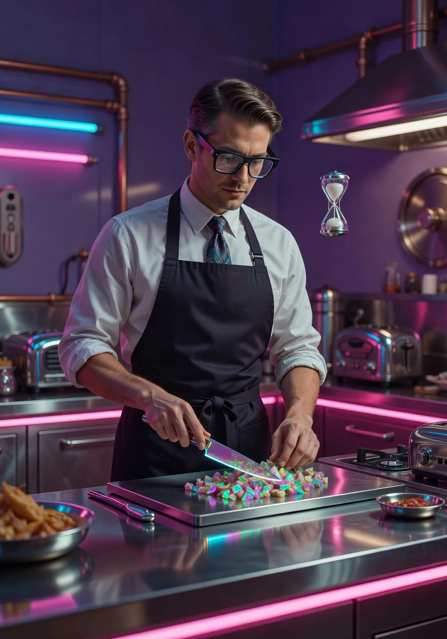 arafed man in a kitchen cutting a cake with a knife