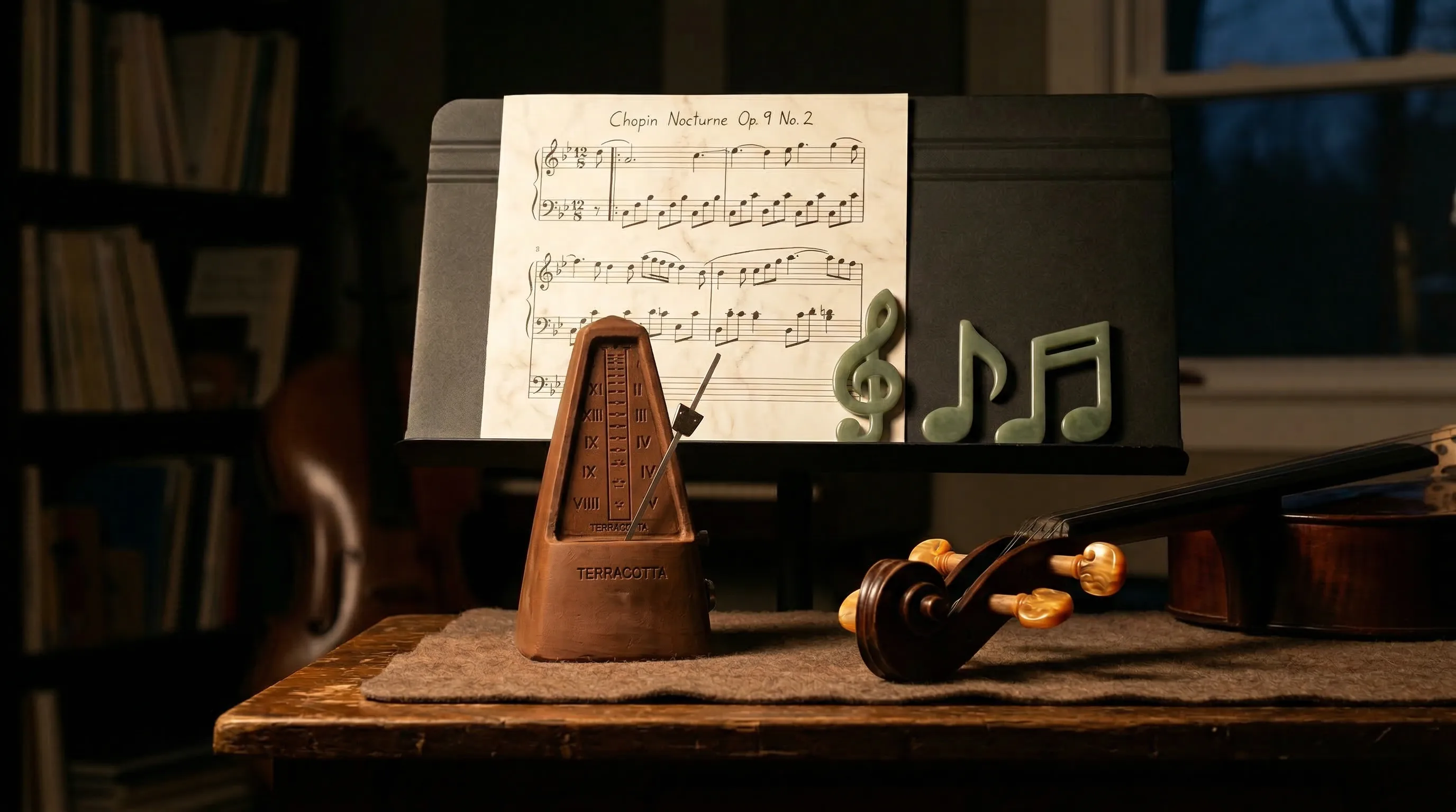 Chopin Nocturne Op.9 No.2 sheet music with wooden metronome, violin, and musical note decorations on study desk