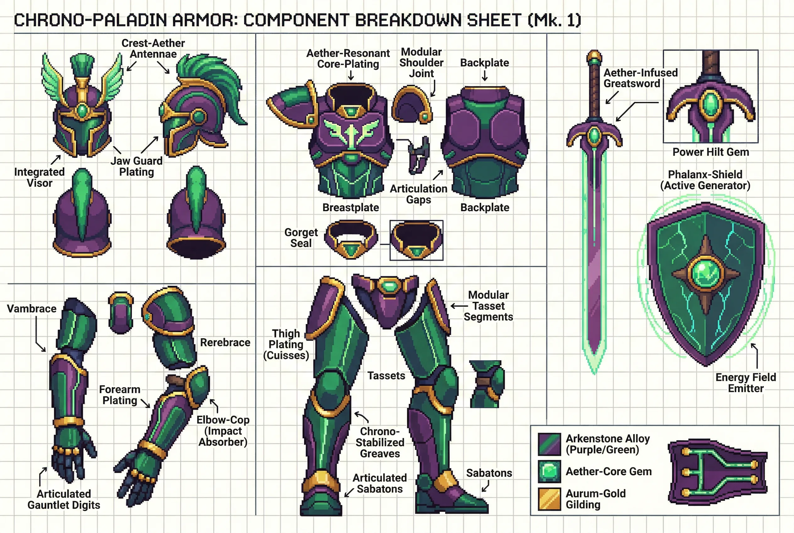 Chrono-Paladin Armor Mk.1 component breakdown sheet showing pixel art armor pieces with aether-core gems, arkenstone alloy plating in purple and green, and modular weapon systems including greatsword and phalanx-shield