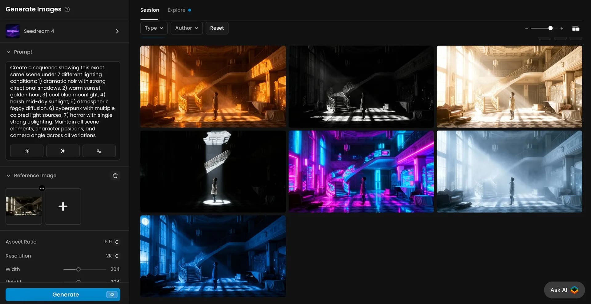 AI-generated scene of a person in a grand interior, shown under seven different dramatic lighting conditions including noir, golden hour, moonlight, cyberpunk, and foggy diffusion.