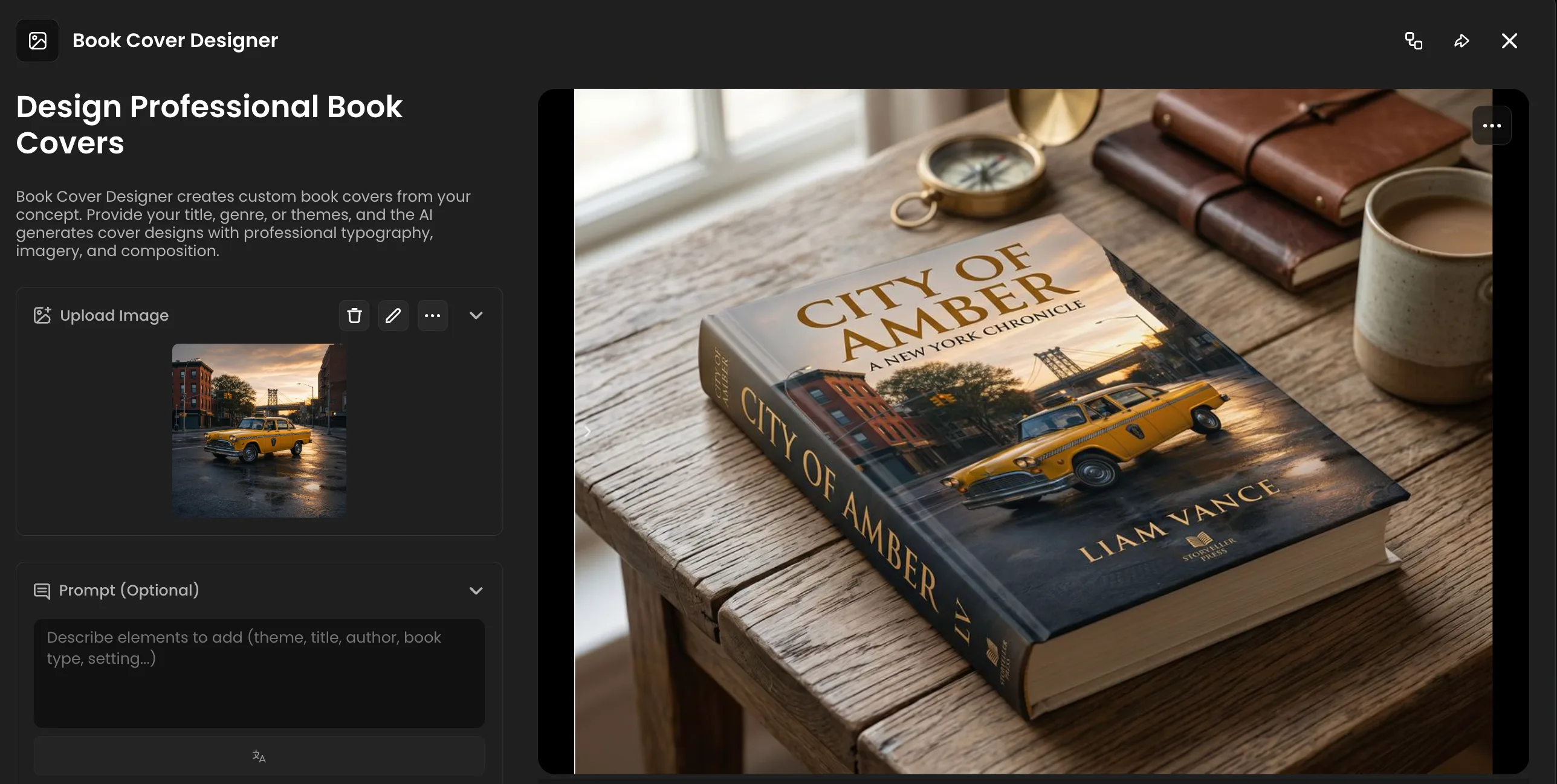 City of Amber novel by Liam Vance displayed on wooden desk with yellow taxi cab and New York cityscape on book cover