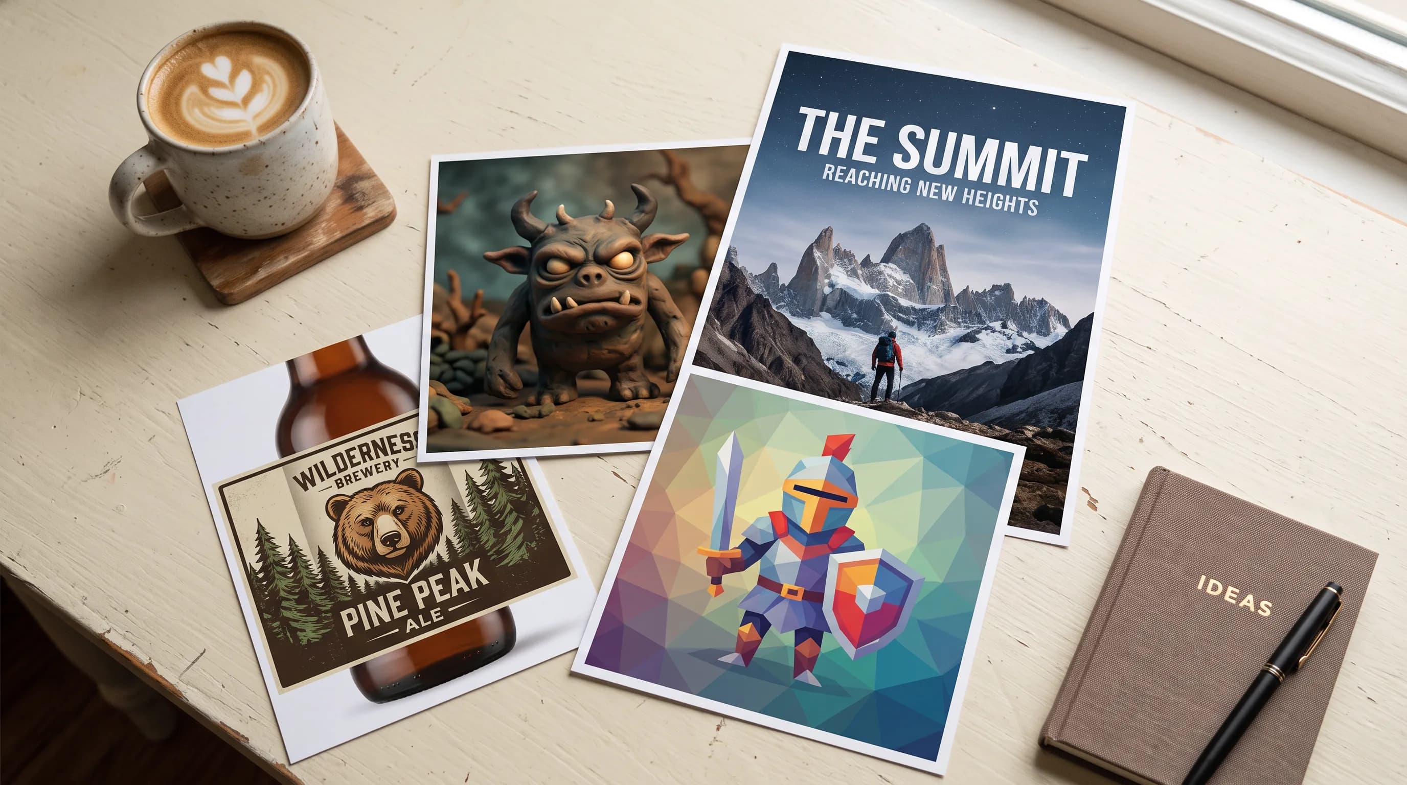Overhead view of creative workspace with latte, brewery label, mountain hiking poster, colorful knight artwork, ideas notebook, and pen on white wood desk
