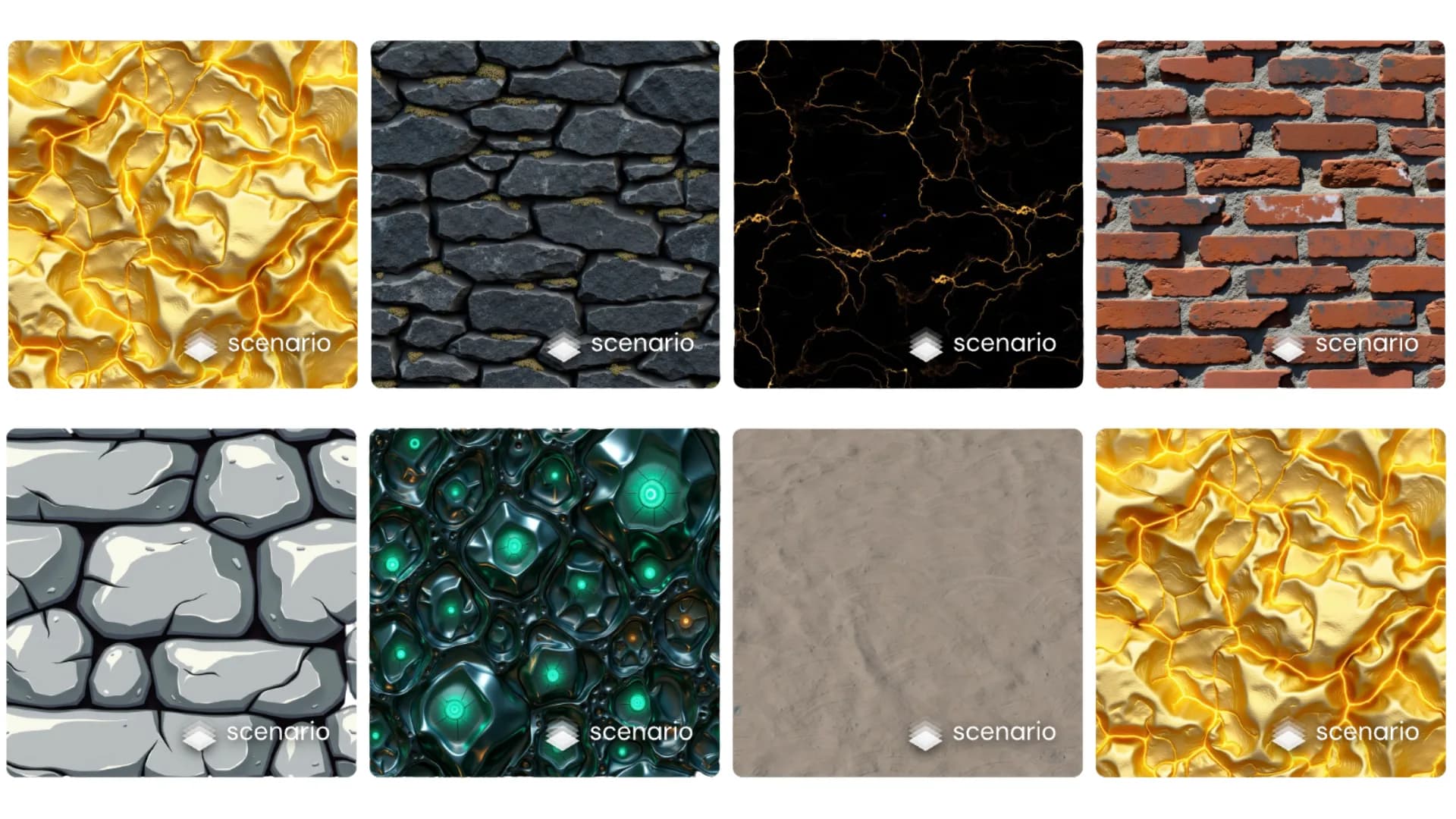 Collection of 8 textured background tiles including gold foil, dark stone, black marble with gold veins, red brick, gray stone, and glowing green tech surfaces