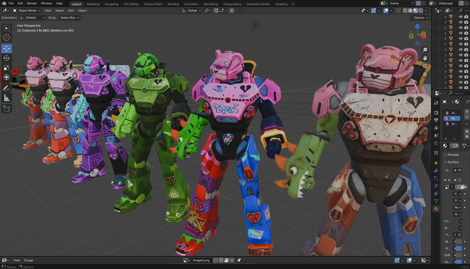 Four colorful and uniquely textured bear-shaped battle robots displayed in a 3D modeling software interface, ideal for game design or animation.