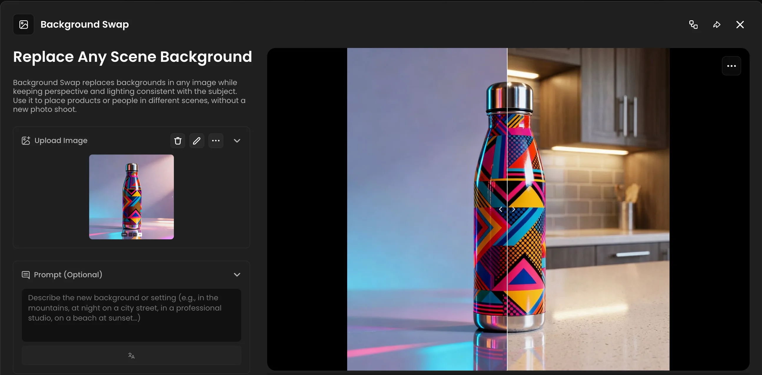 Vibrant geometric patterned water bottle with colorful triangles on modern kitchen counter with warm ambient lighting