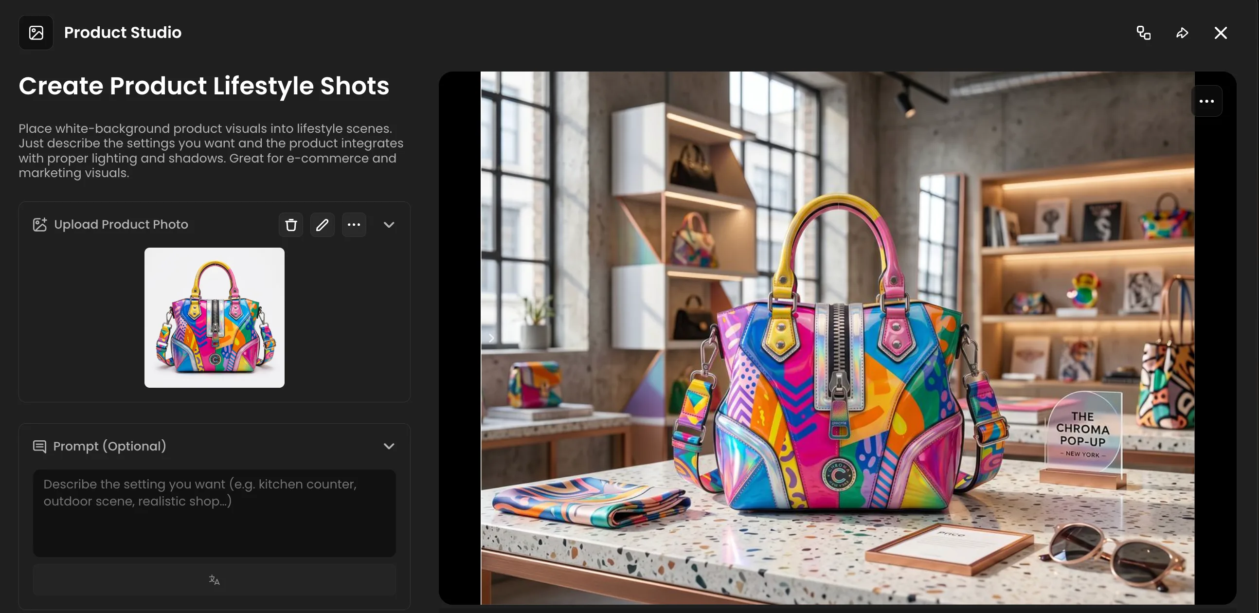 Vibrant multicolored handbag displayed on desk in contemporary loft interior with shelving and natural light