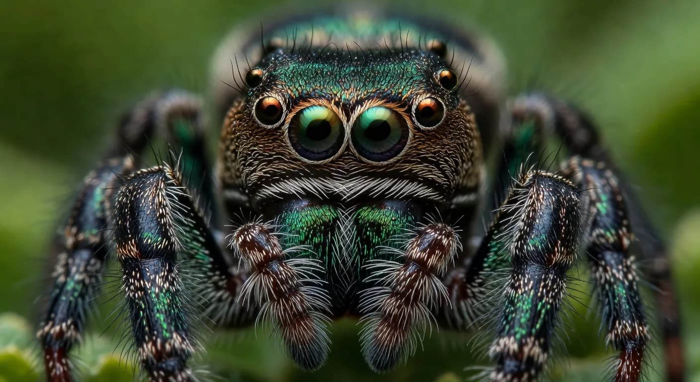 a close up of a green and brown spider with big eyes