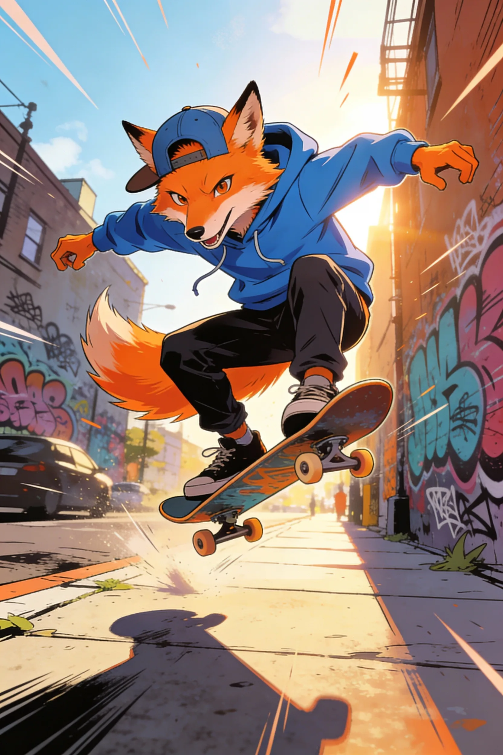 Anthropomorphic orange fox character skateboarding down urban street wearing blue jacket and cap with graffiti buildings