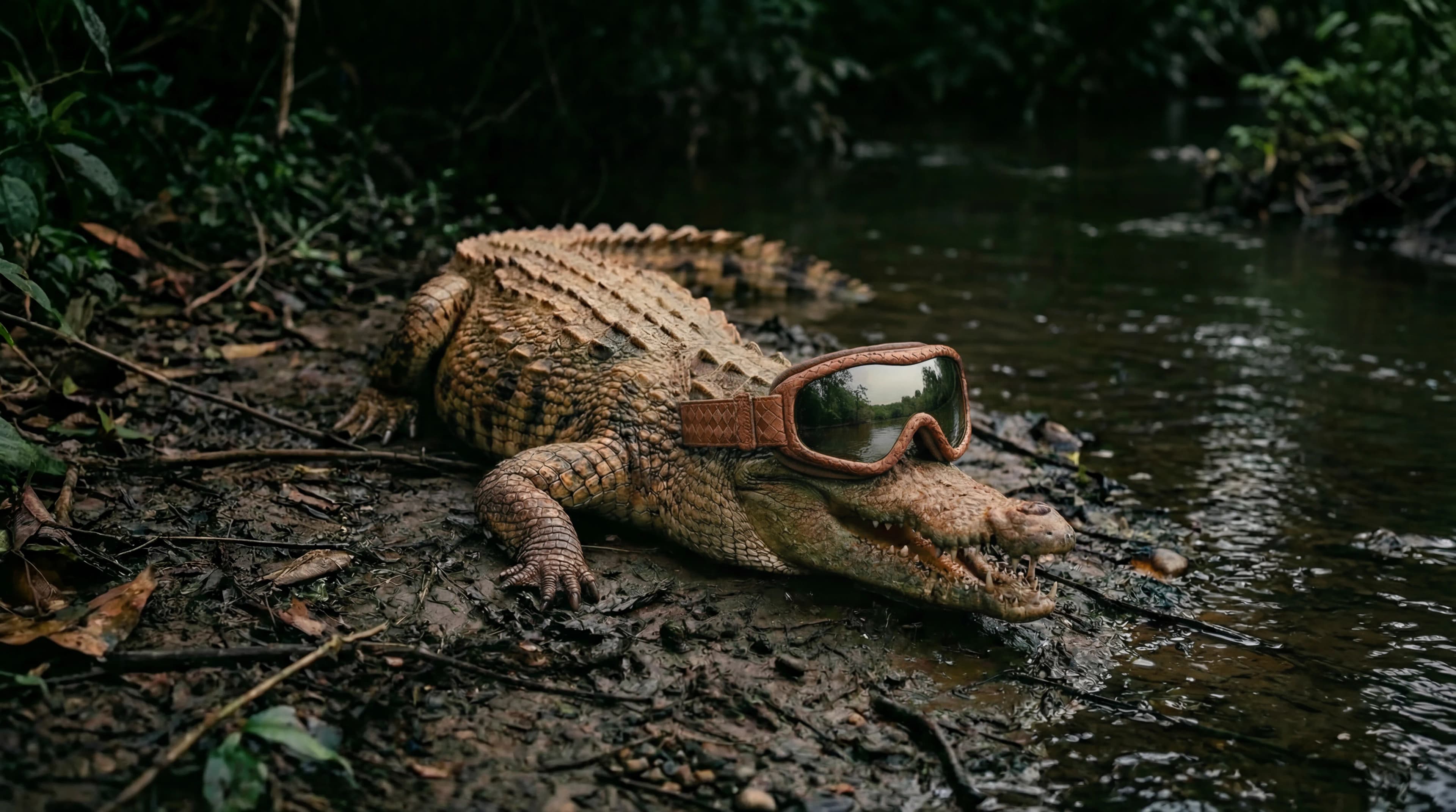 Crocodile wearing brown sunglasses resting on muddy riverbank surrounded by green vegetation and water