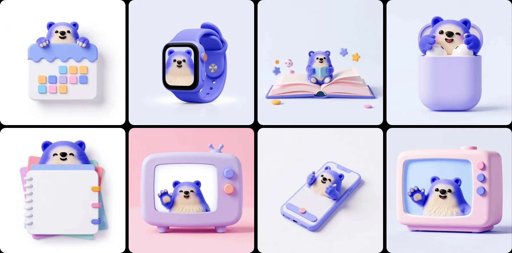 A set of icons featuring Alan’s blue marmot mascot in different contexts, generated using a Flux Composition on Scenario