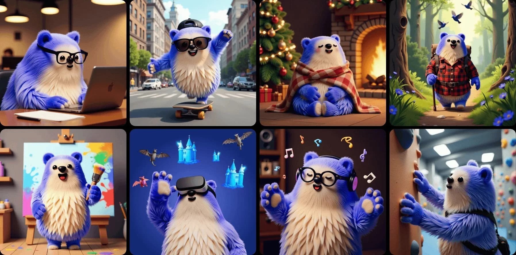 A variety of visuals showing Alan’s mascot in everyday scenes. Created by training a custom model on Scenario using 32 manually captioned images.