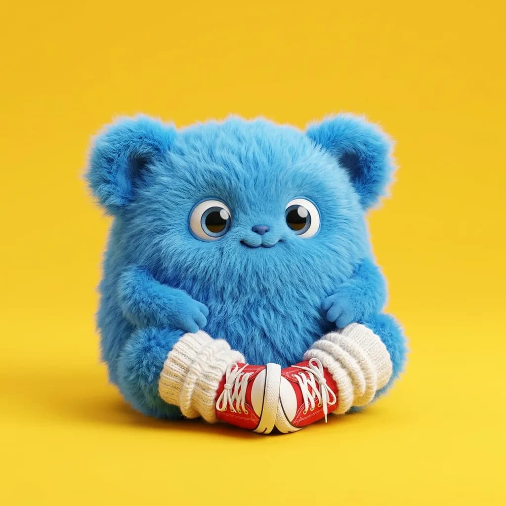 Cute blue fluffy monster character wearing red sneakers and white socks on yellow background