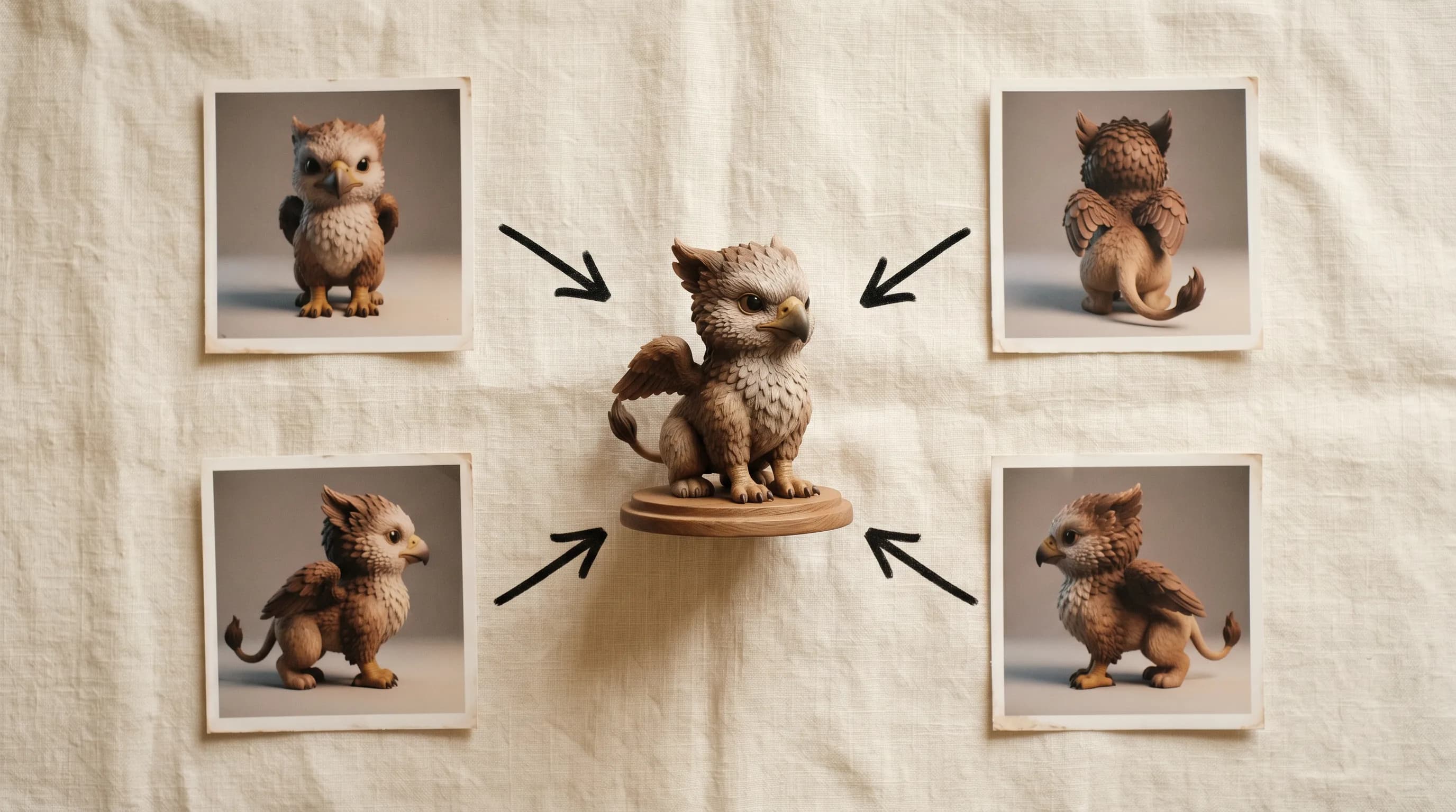 3D rendered cute creature character shown from multiple angles in framed gallery display on beige wall