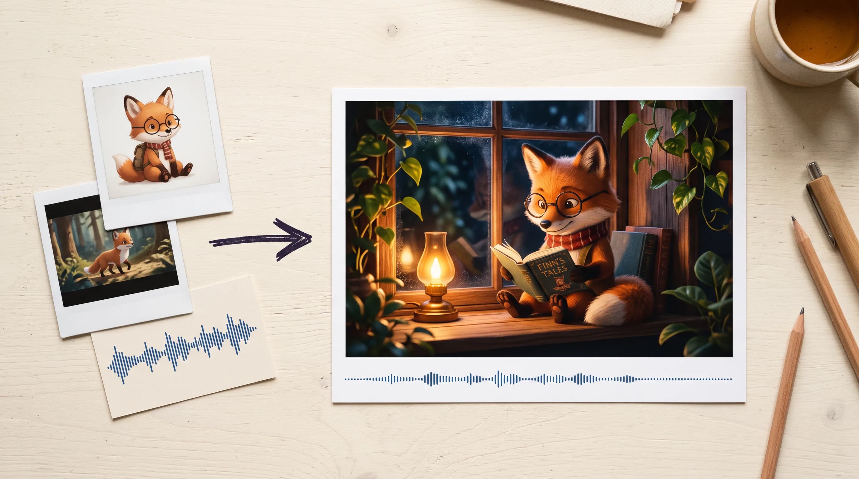 Illustrated fox wearing glasses reading a book by a warm lamp on windowsill with plants, cozy nocturnal scene