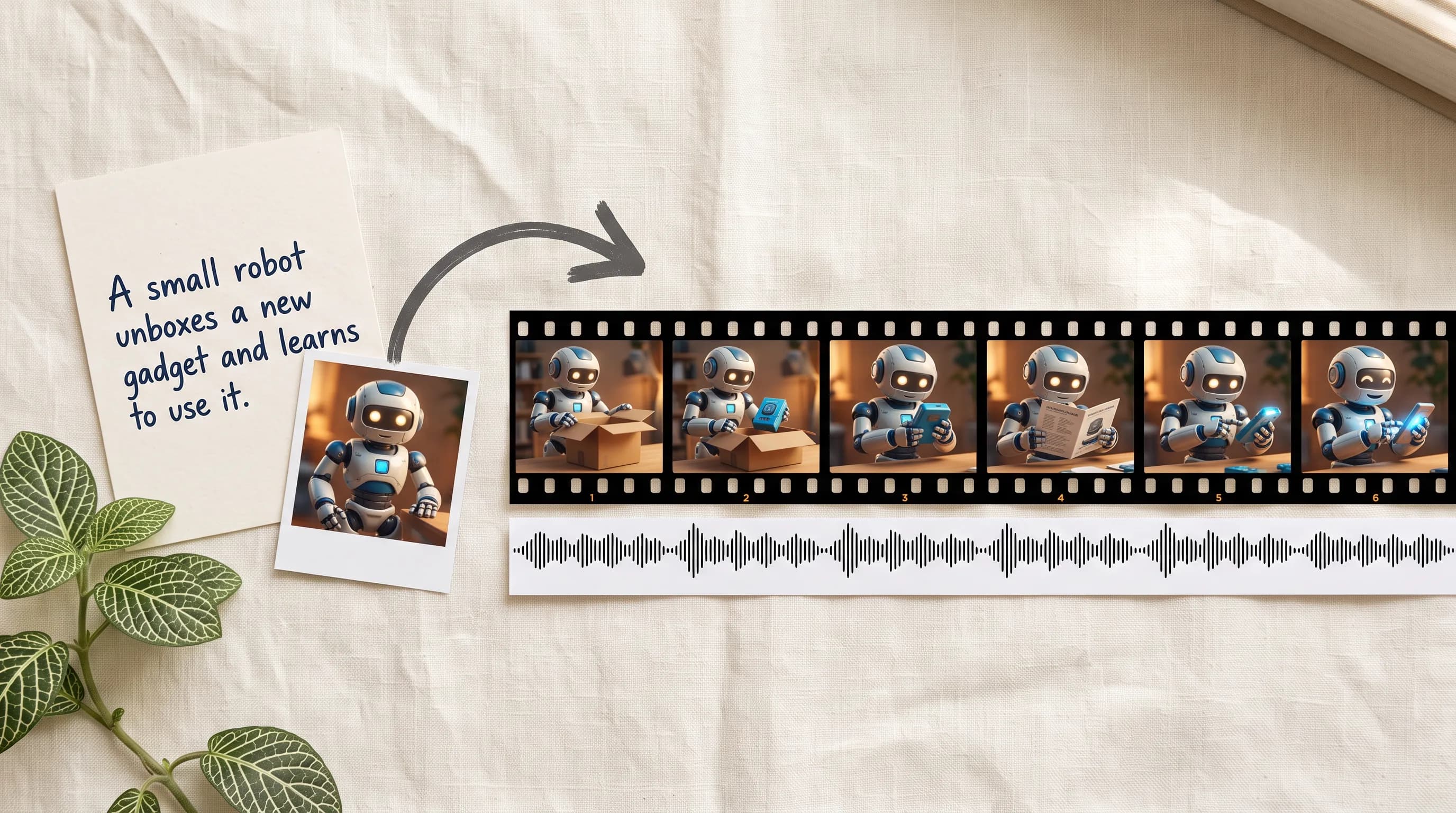Cute robot unboxing new gadget illustrated in film strip sequence with narrative card on beige linen background