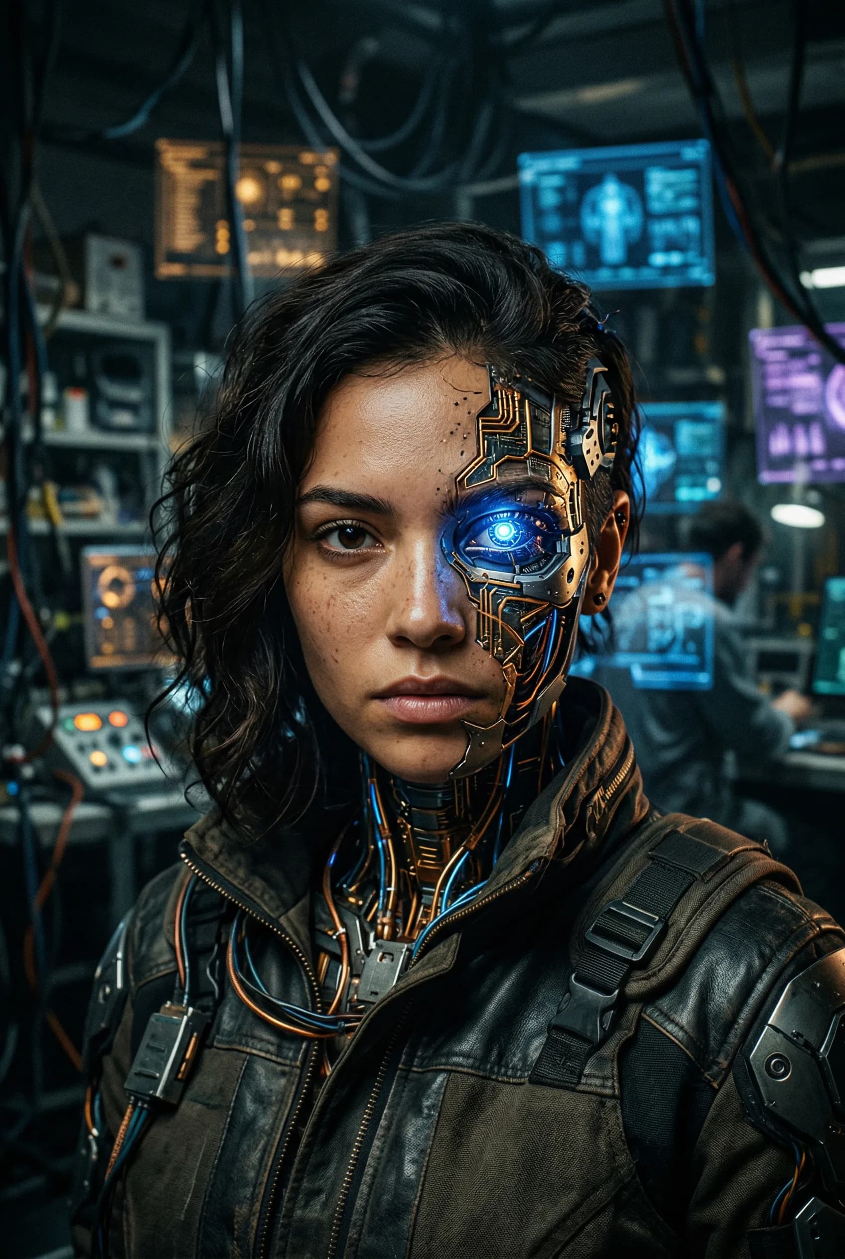 Cyborg woman with glowing blue eye and gold mechanical half-face in high-tech laboratory with neon screens