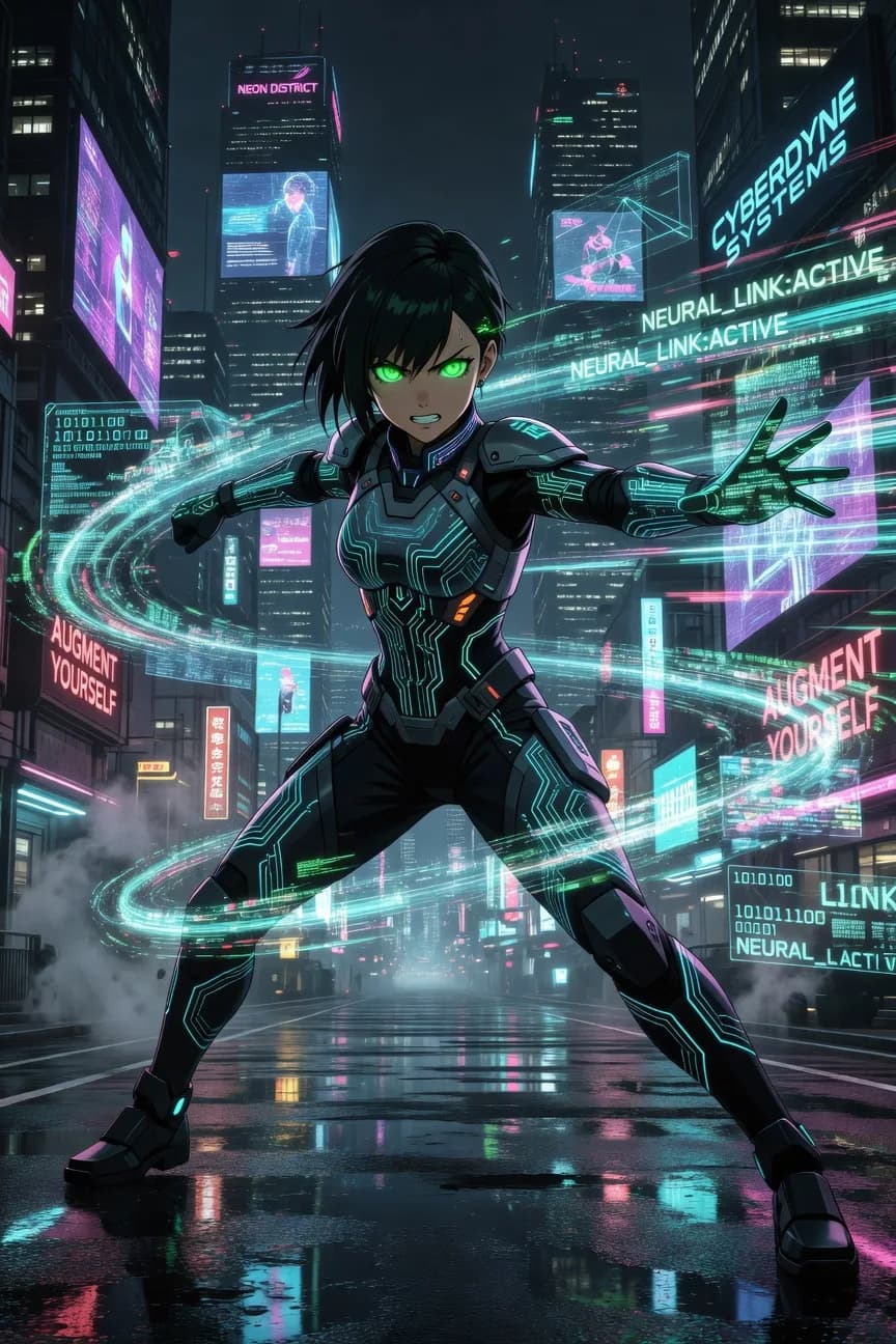 anime character in futuristic city with neon lights and neon signs