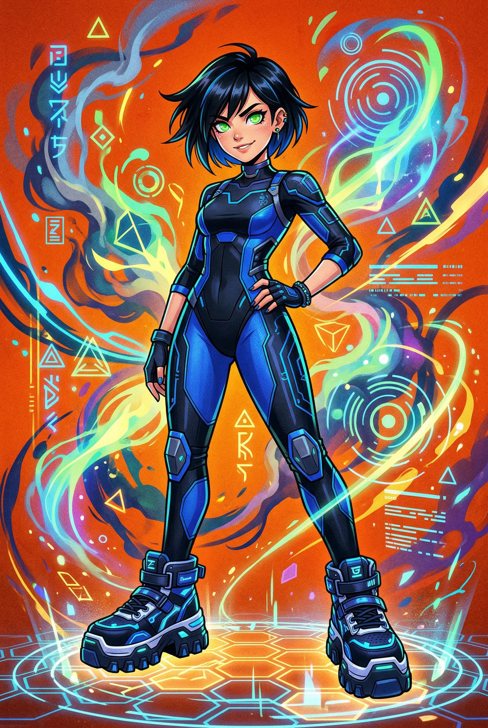 Futuristic cyberpunk girl in blue and black neon armor suit with green eyes, surrounded by colorful holographic energy waves and geometric symbols on orange background