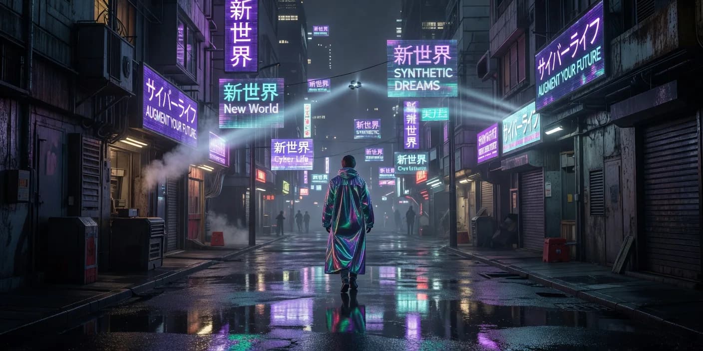 there is a man walking down a street in a neon lit city
