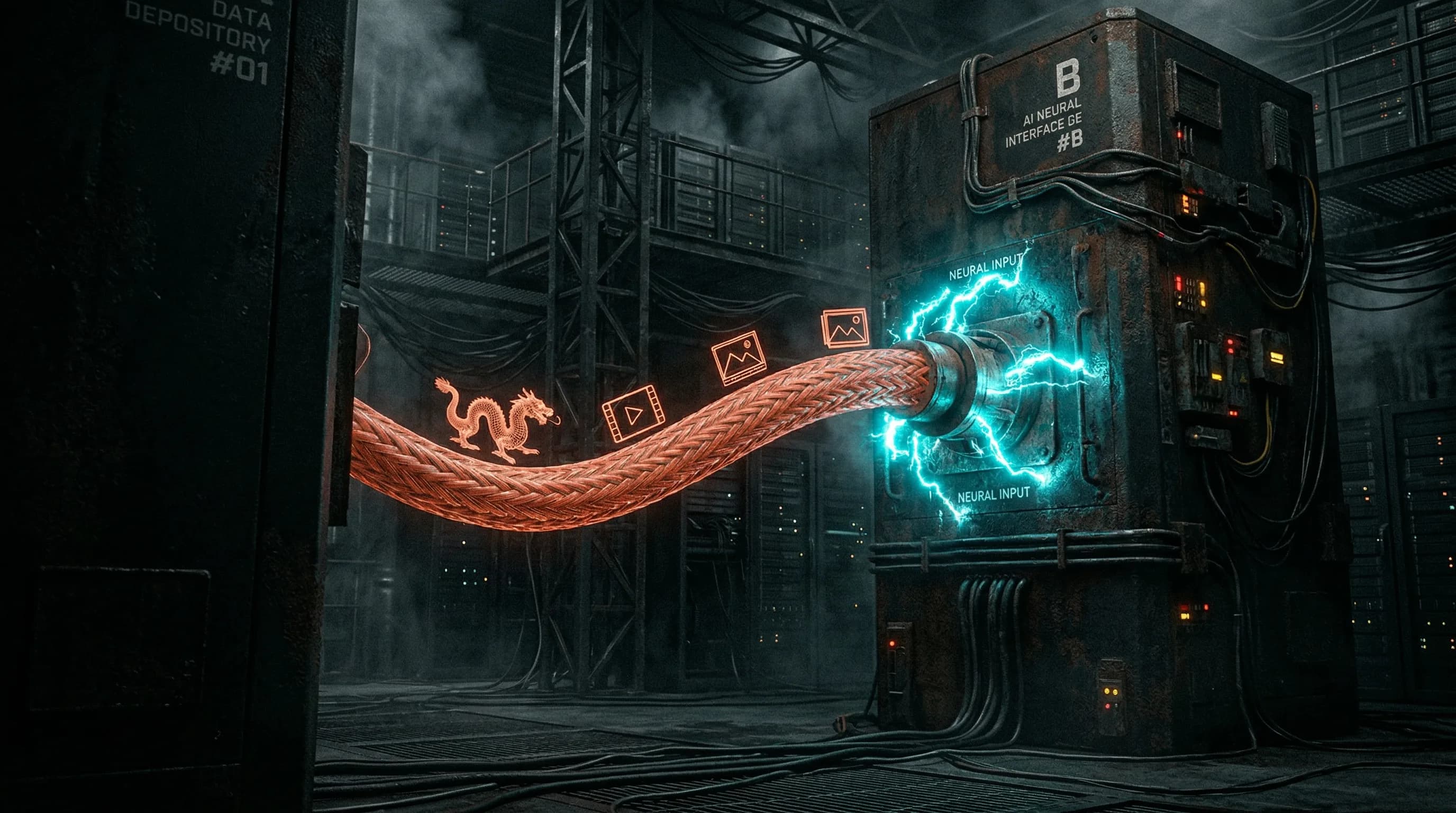 Futuristic cyberpunk data center with glowing neon orange cables and electric blue neural interface lights, dark industrial atmosphere with server racks