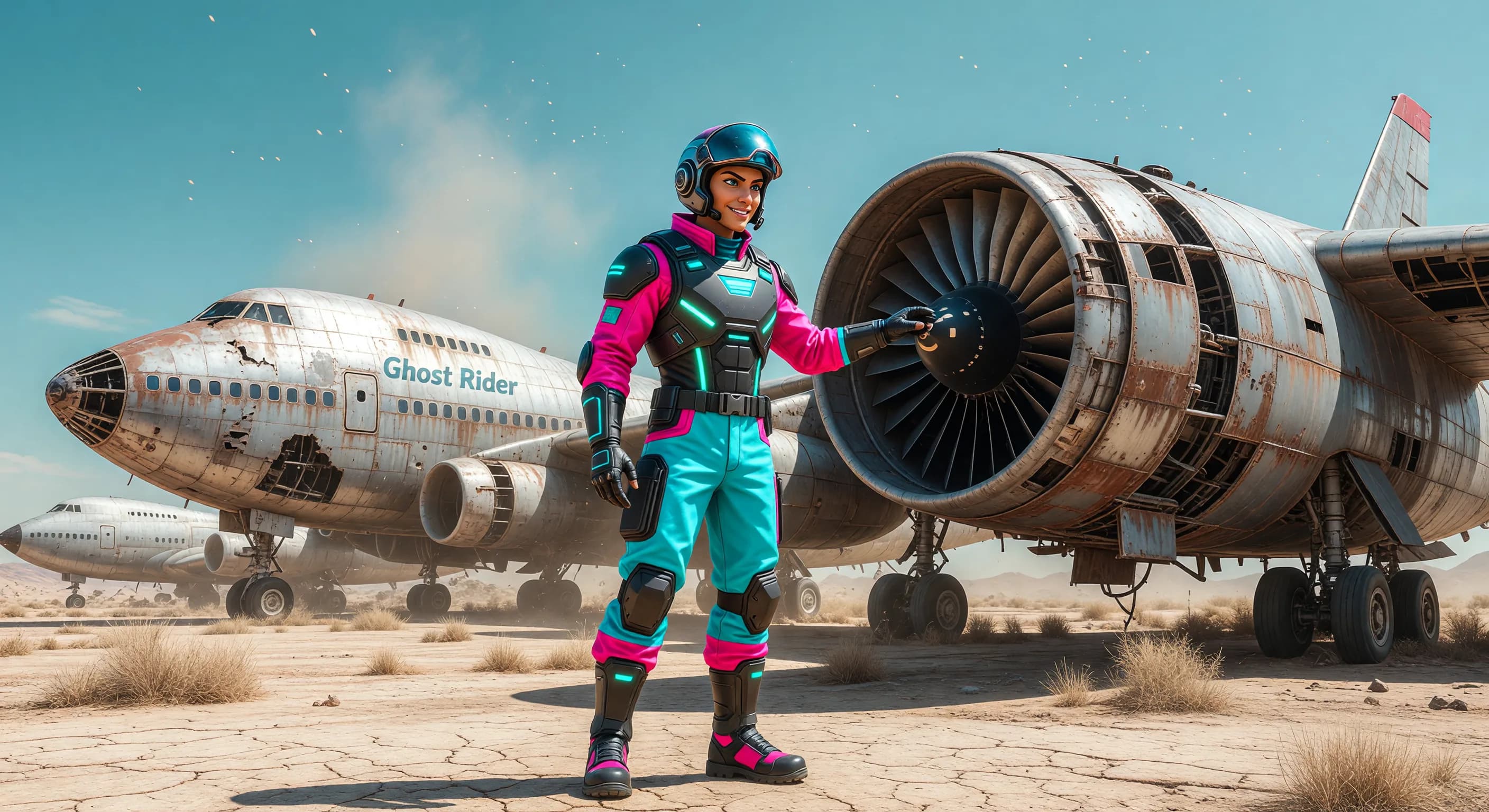 there is a woman in a space suit standing in front of an airplane