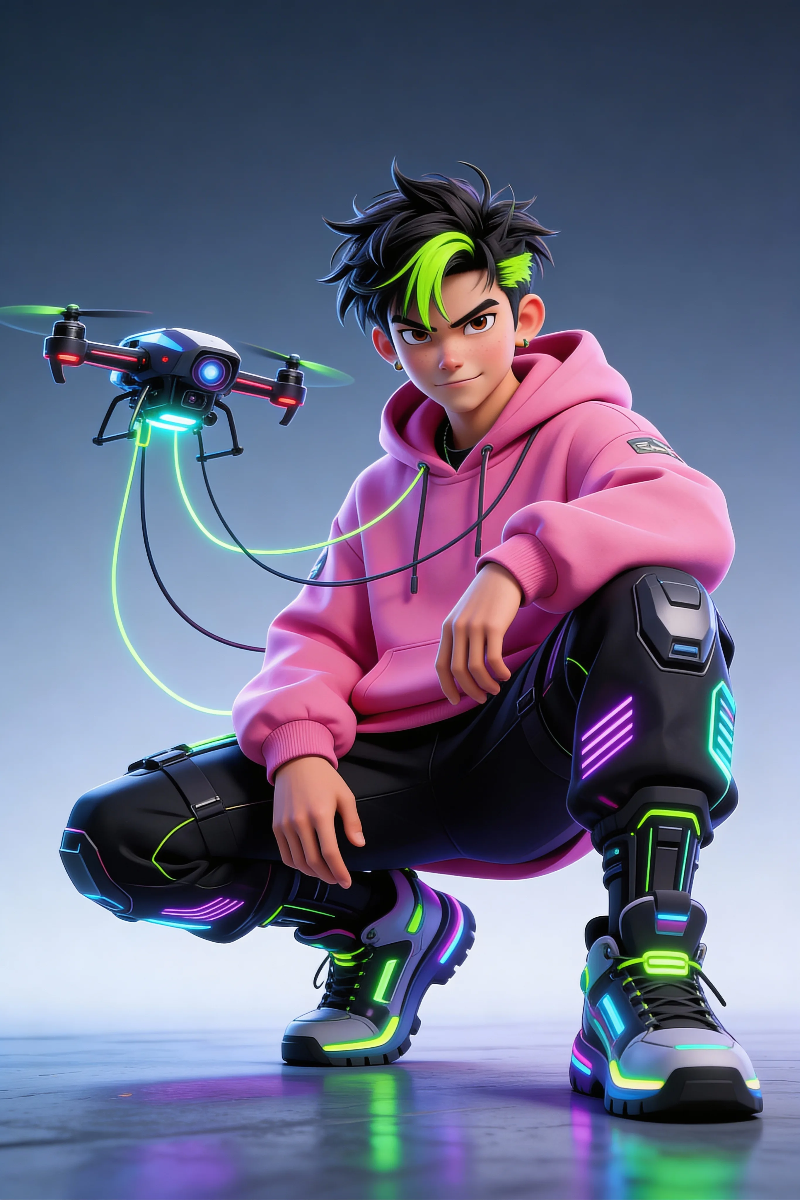Cyberpunk teenage boy in pink hoodie with neon accessories controlling futuristic drone, 3D digital art
