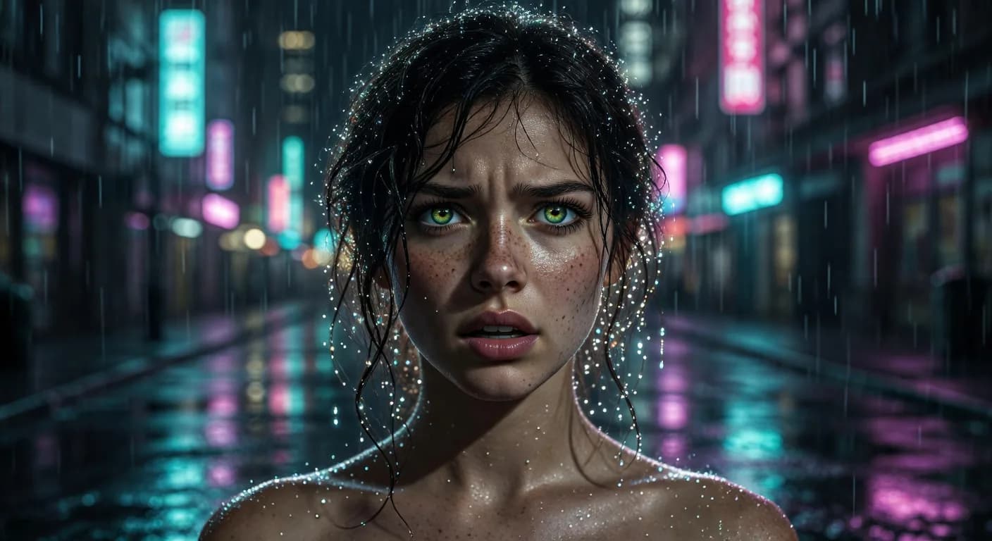 there is a woman that is standing in the rain with a wet face